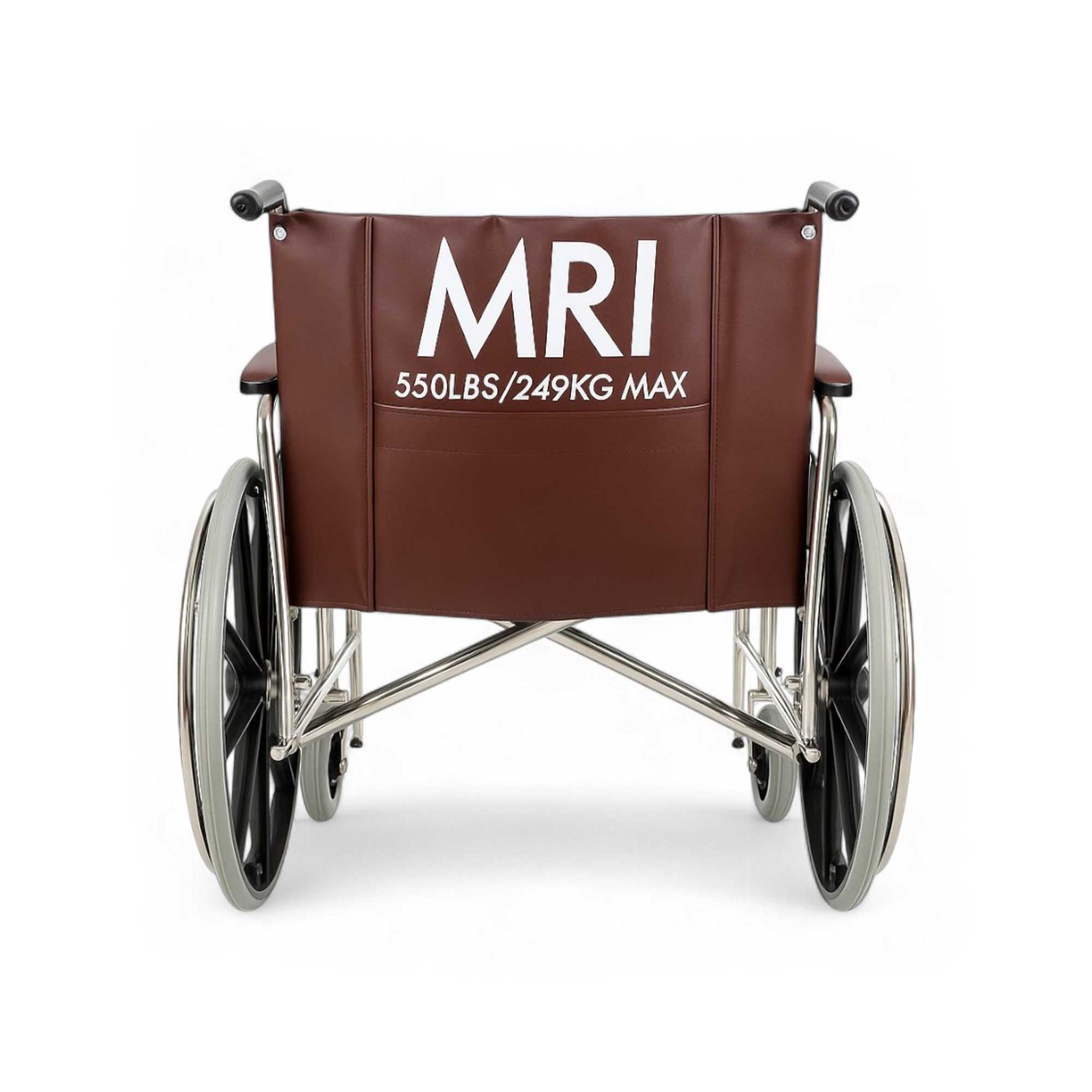 Back view of a heavy-duty non-magnetic MRI wheelchair in burgundy upholstery, featuring a 24-inch wide seat, durable construction, and safety features designed for MRI environments.
