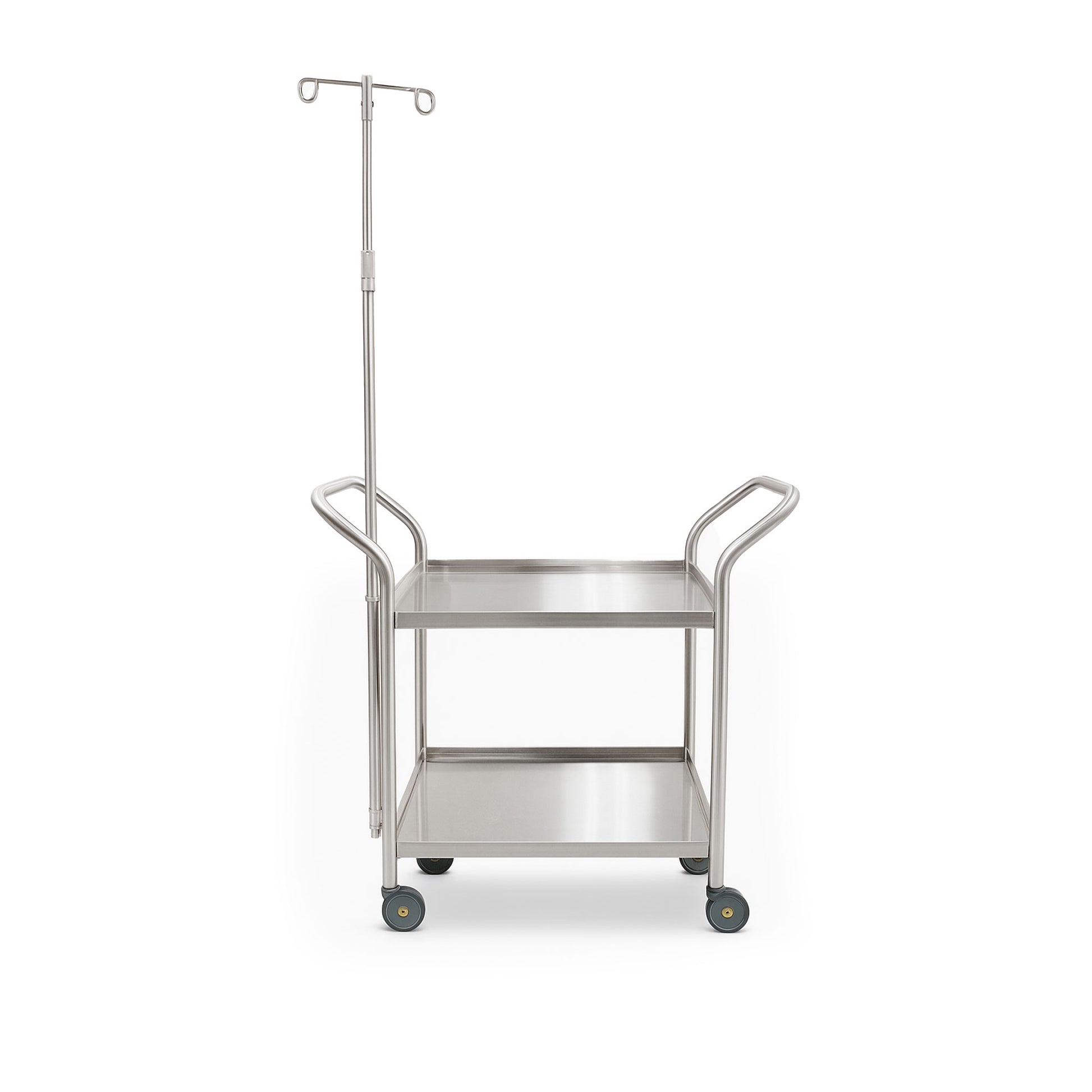 Heavy-duty stainless steel cart with IV pole, featuring two spacious shelves, ergonomic handles, and 5” swivel casters for smooth mobility. Designed for durability, hygiene, and a 700 lbs. weight capacity.