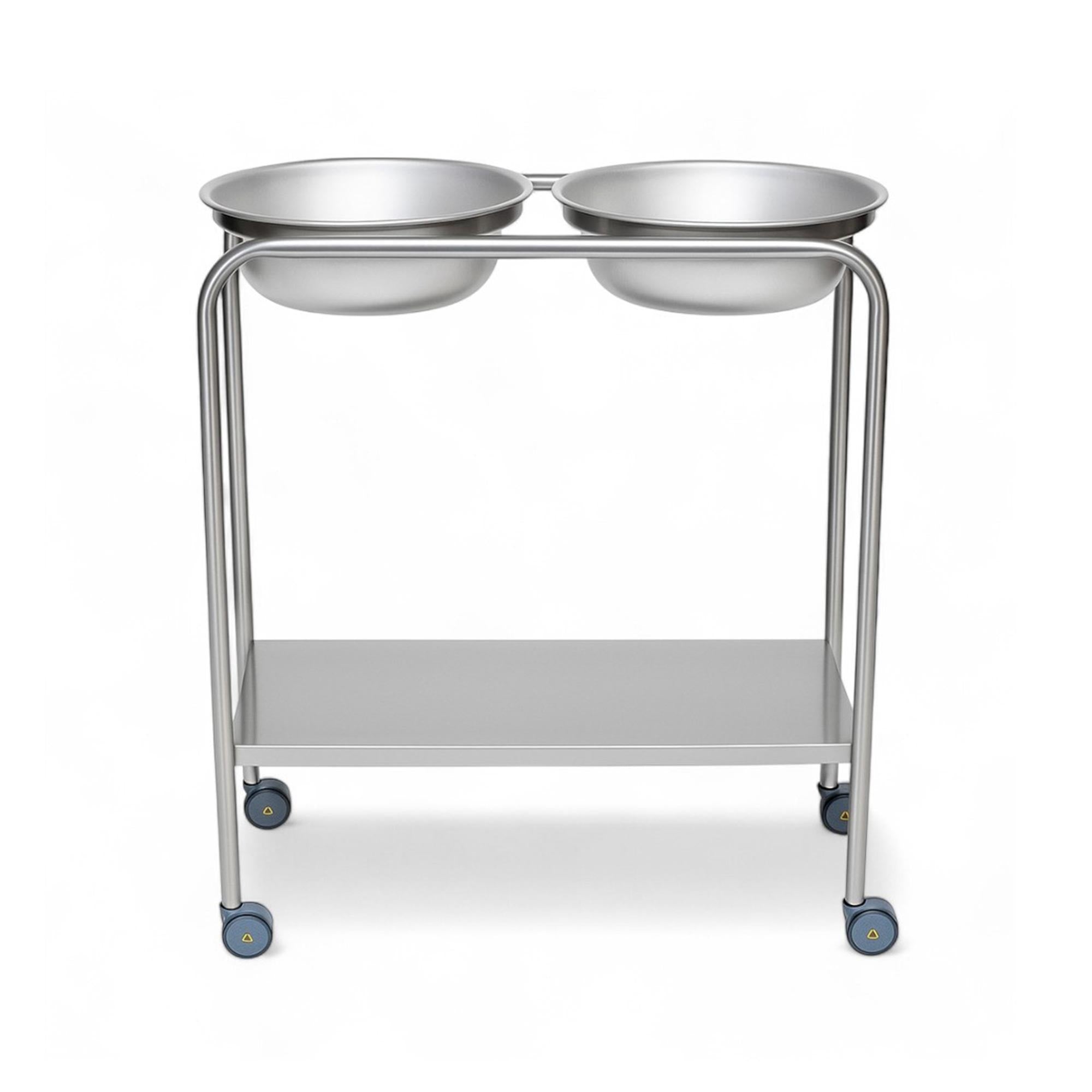 MR Conditional Double Basin Solution Stand with two removable 8.5-quart basins, rubber inner rim, silent swivel casters, and ergonomic design for medical and MRI use.