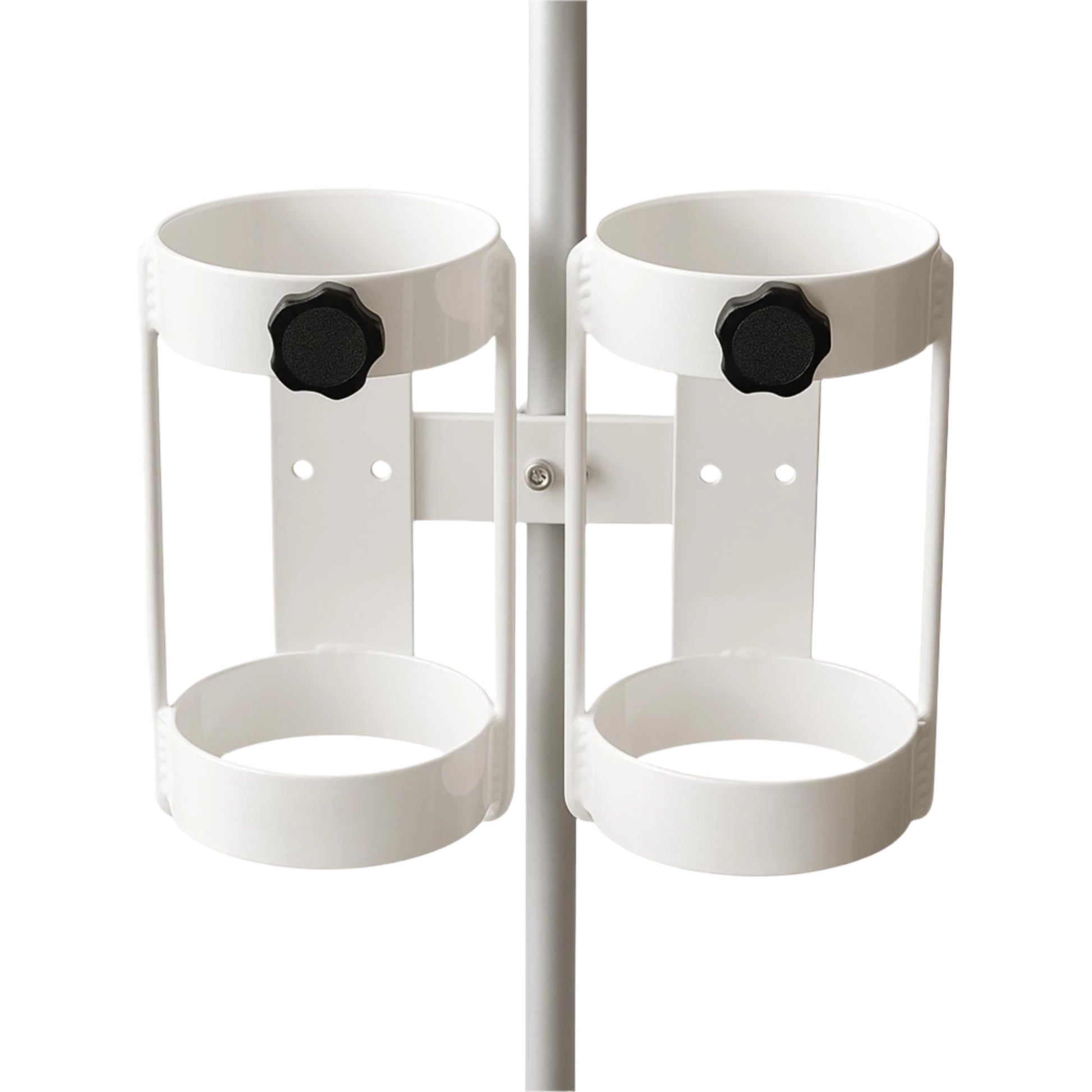 MRI Conditional Dual E Cylinder Holder securely attached to a pole, holding two E size oxygen cylinders with a durable white powder-coated finish, designed for medical facilities and MRI environments.