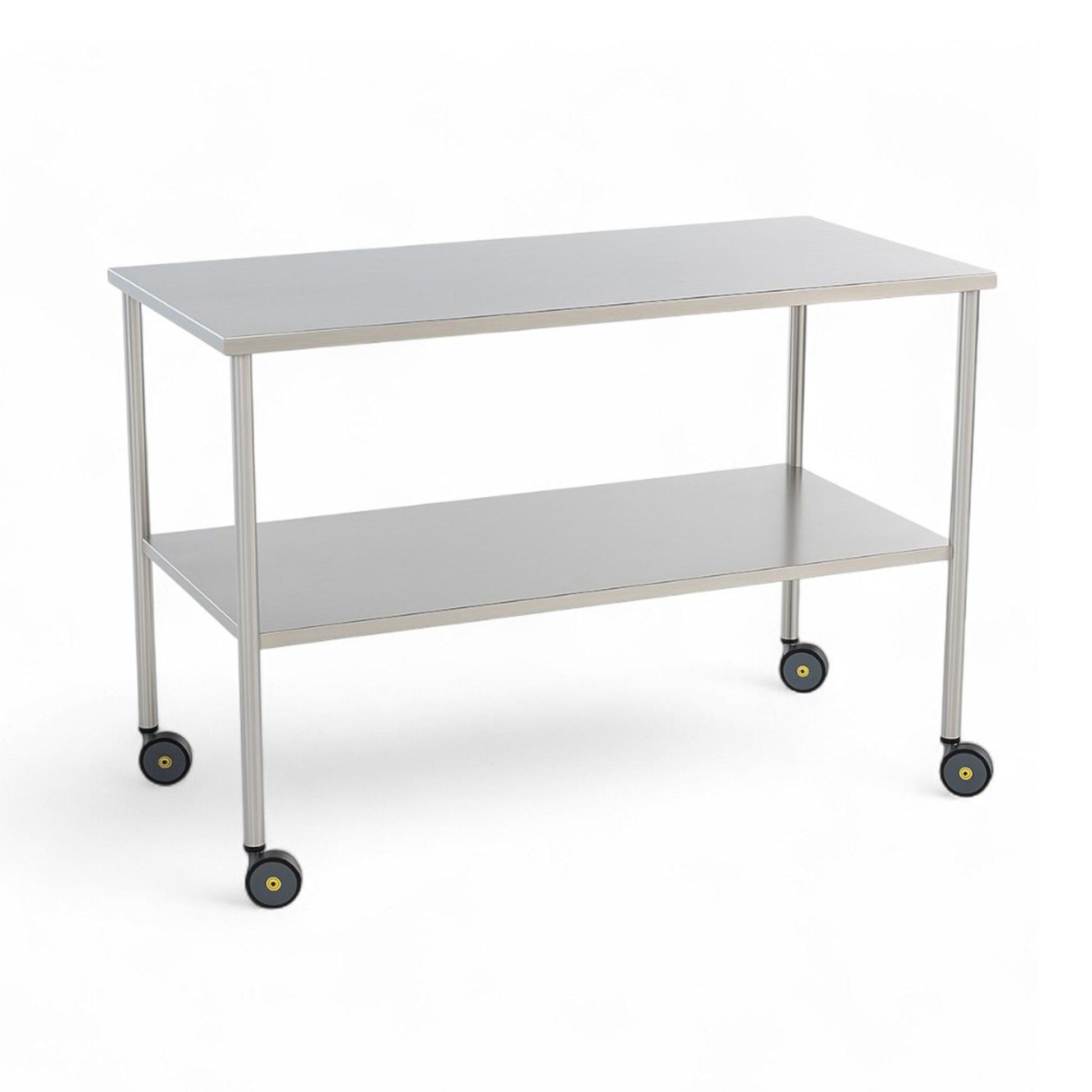 MR-Conditional Two Shelf Instrument Table with 304 stainless steel construction, ergonomic 34” height, closed top for hygiene, and MR-conditional casters, designed for MRI facilities. Available in 9 sizes with optional guardrails and drawers.