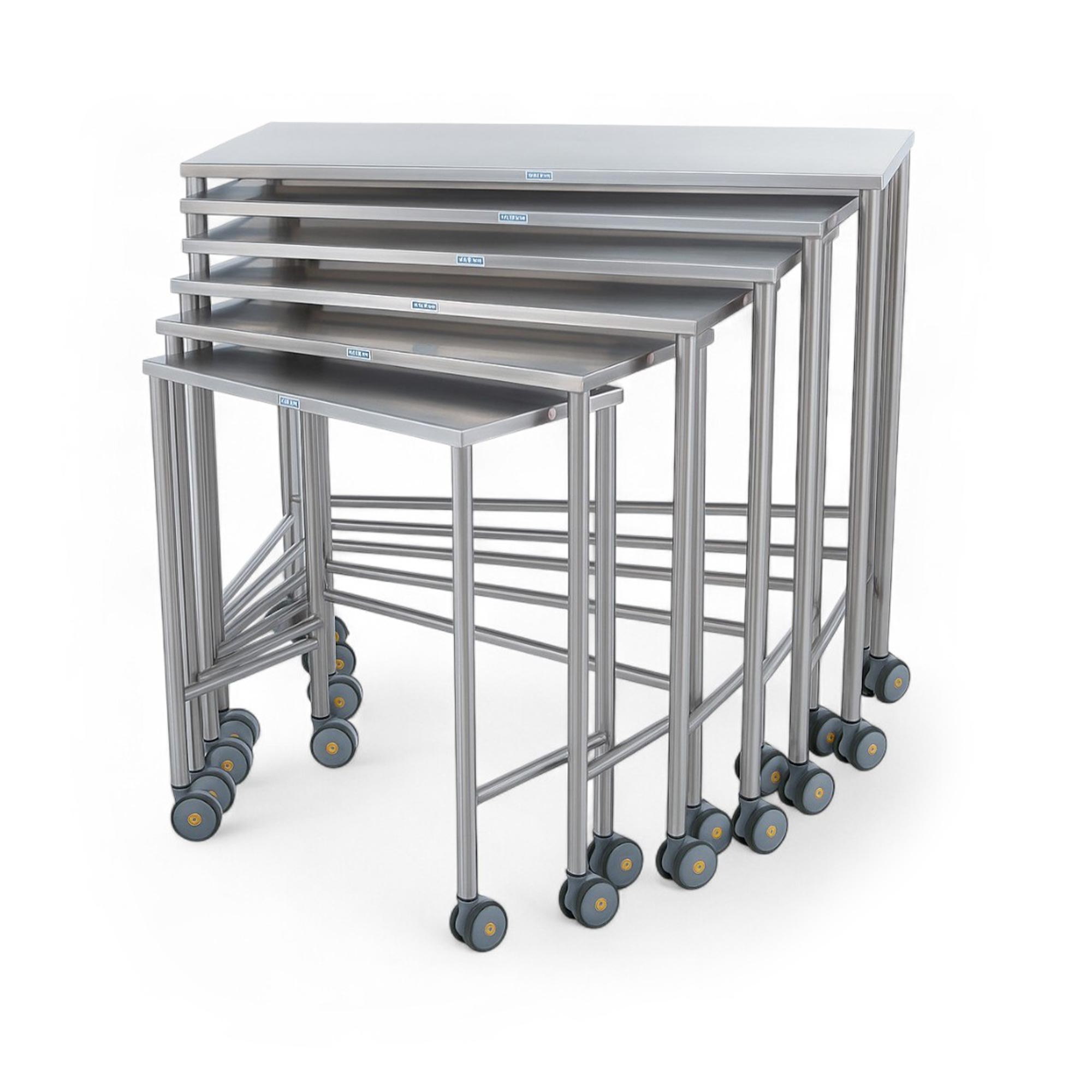 MR conditional nested instrument tables designed for space-saving and functionality, featuring H-brace construction, MR conditional casters, and six sizes for versatile use in medical and laboratory environments.
