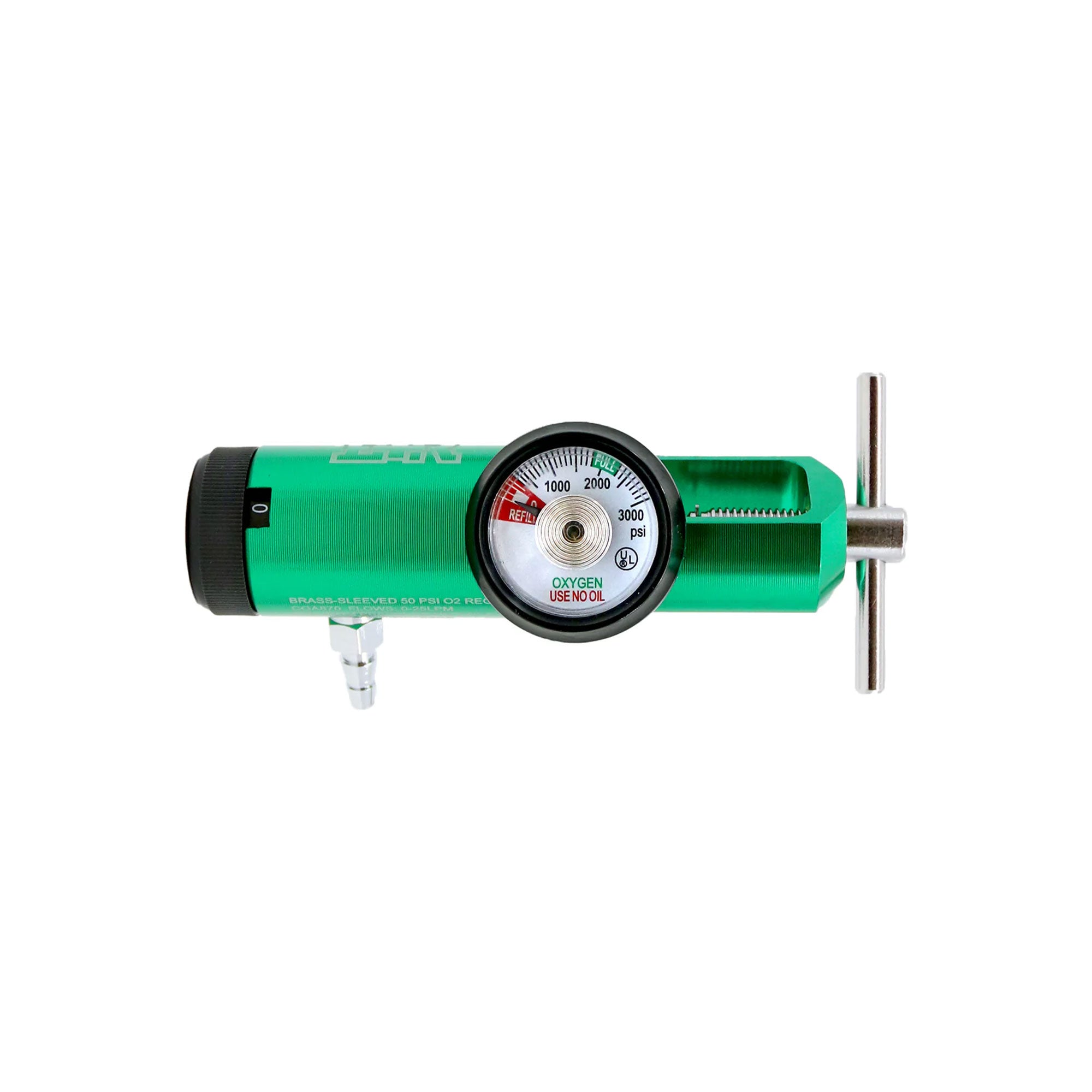 MRI-compatible oxygen regulator with 0-25 LPM flow, designed for CGA870 and CGA540 cylinders. Durable brass and aluminum build with easy flow settings.