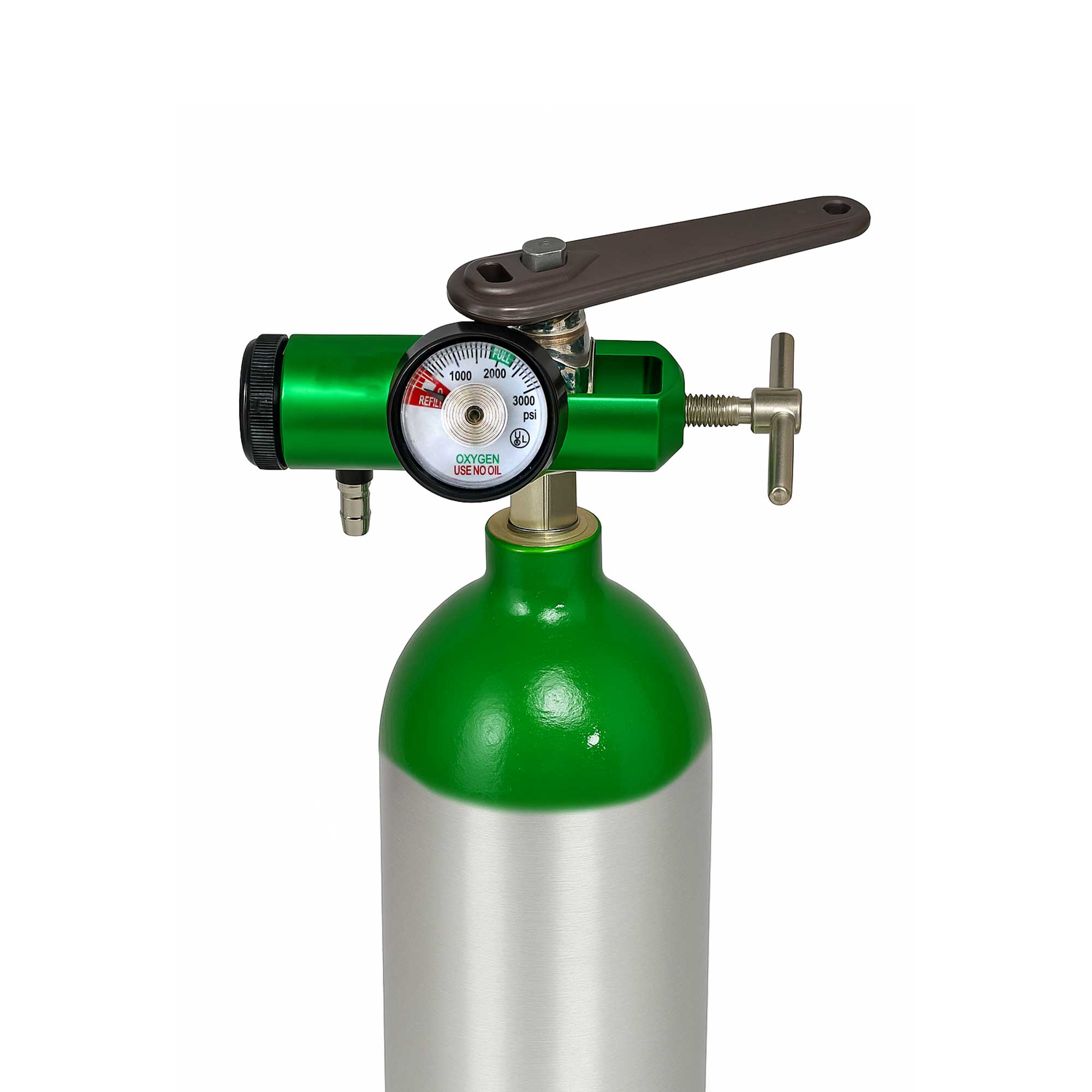 MRI-Compatible Click Style Oxygen Regulator - 0-25 LPM for CGA870 and CGA540 Cylinders, featuring durable brass and aluminum construction, easy-to-use flow settings, and full MRI compatibility.