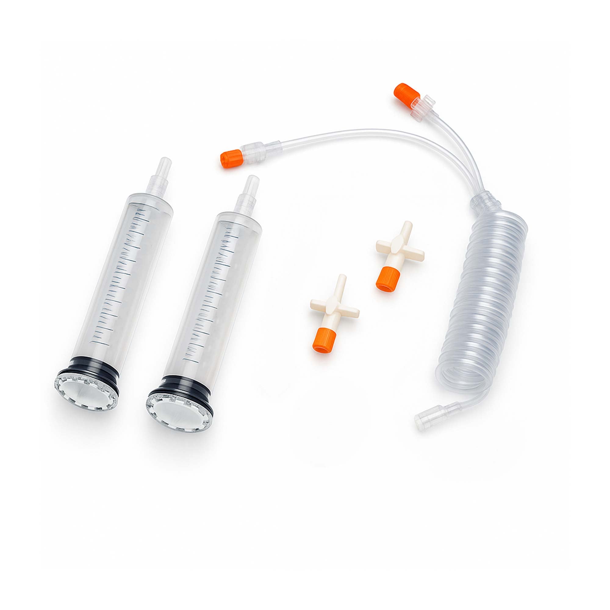 Contrast Media Injector Syringe Kits, featuring syringes, tubing, and piercing spikes in sterile packaging. FDA-approved and MR Safe for MRI environments