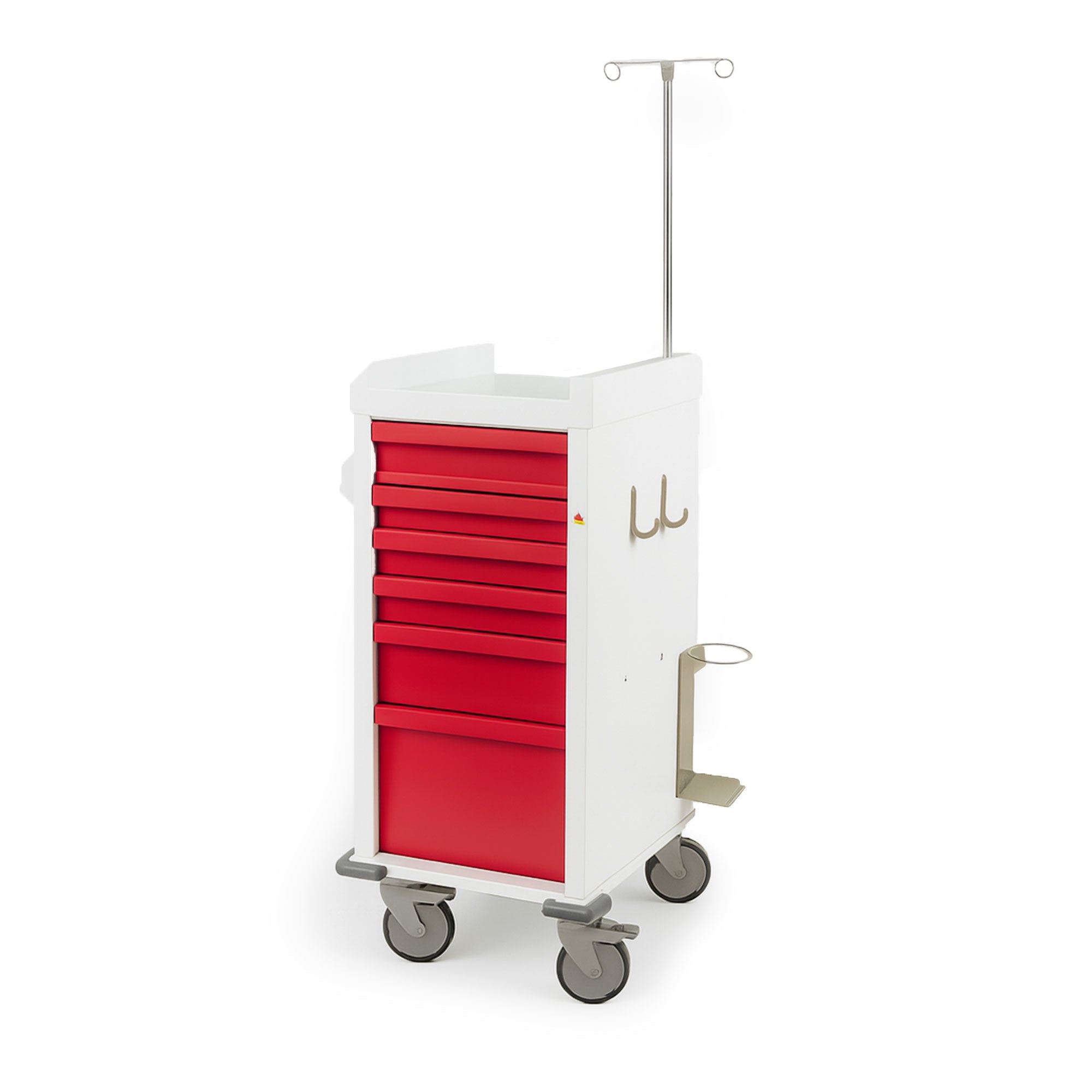 Front view of Emergency Cart IV Pole compatible with Harloff crash carts, lightweight chrome-plated steel design, adjustable height up to 38 inches, holds two IV bags securely, ideal for hospitals and clinics.