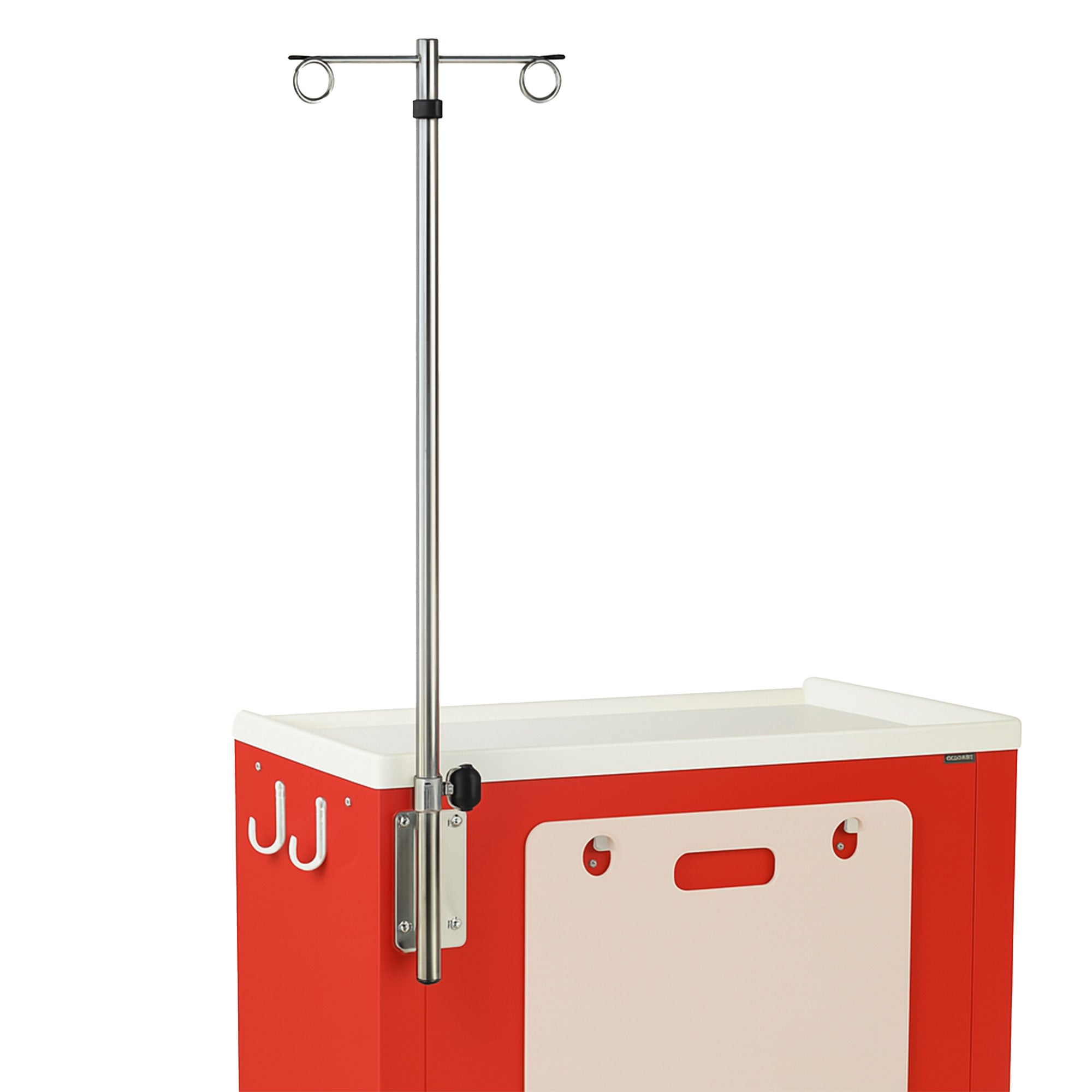 Emergency Cart IV Pole compatible with Harloff crash carts, lightweight chrome-plated steel design, adjustable height up to 38 inches, holds two IV bags securely, ideal for hospitals and clinics.
