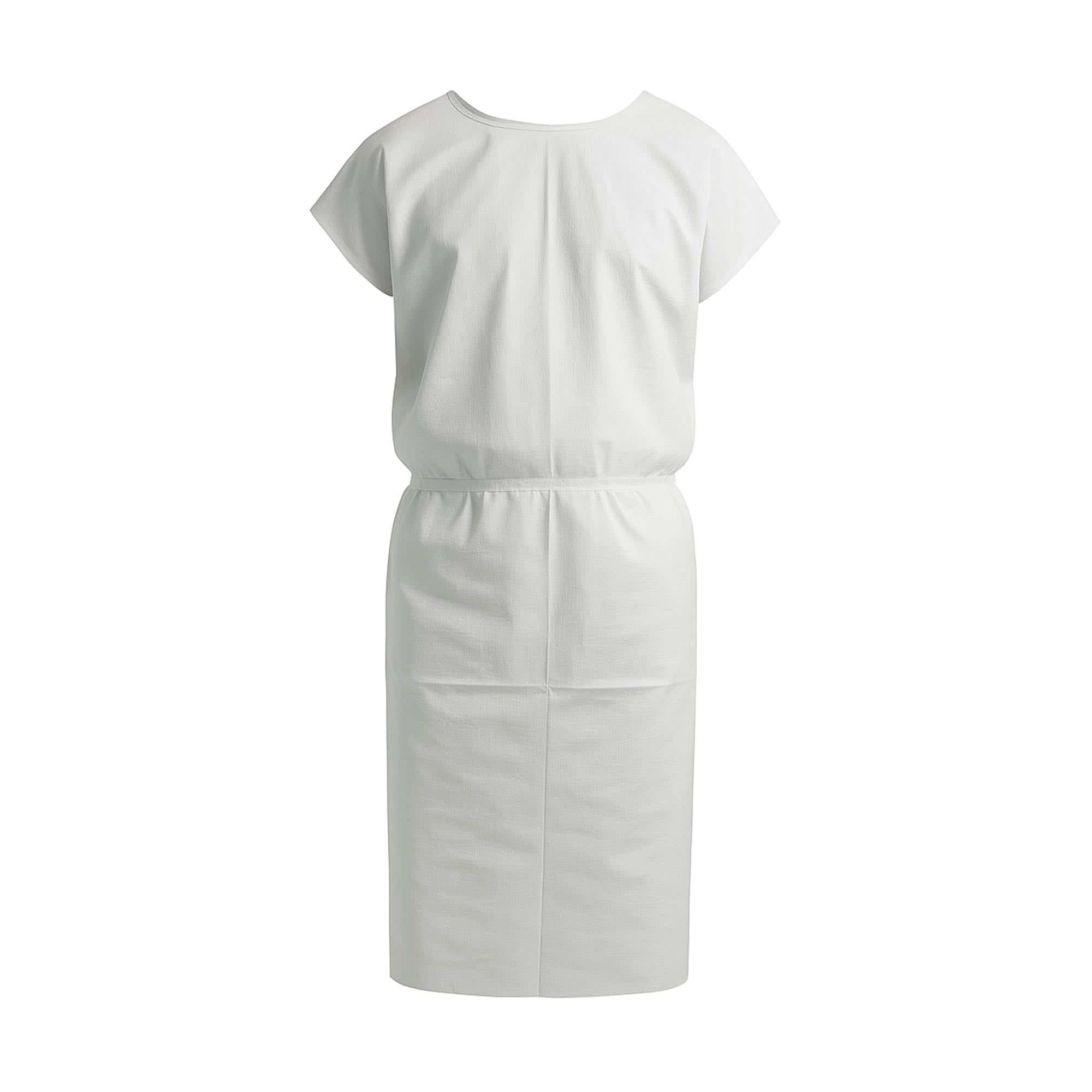 Disposable white Exam Gown made from 3-ply tissue poly material, offering comfort, privacy, and fluid protection during medical exams.