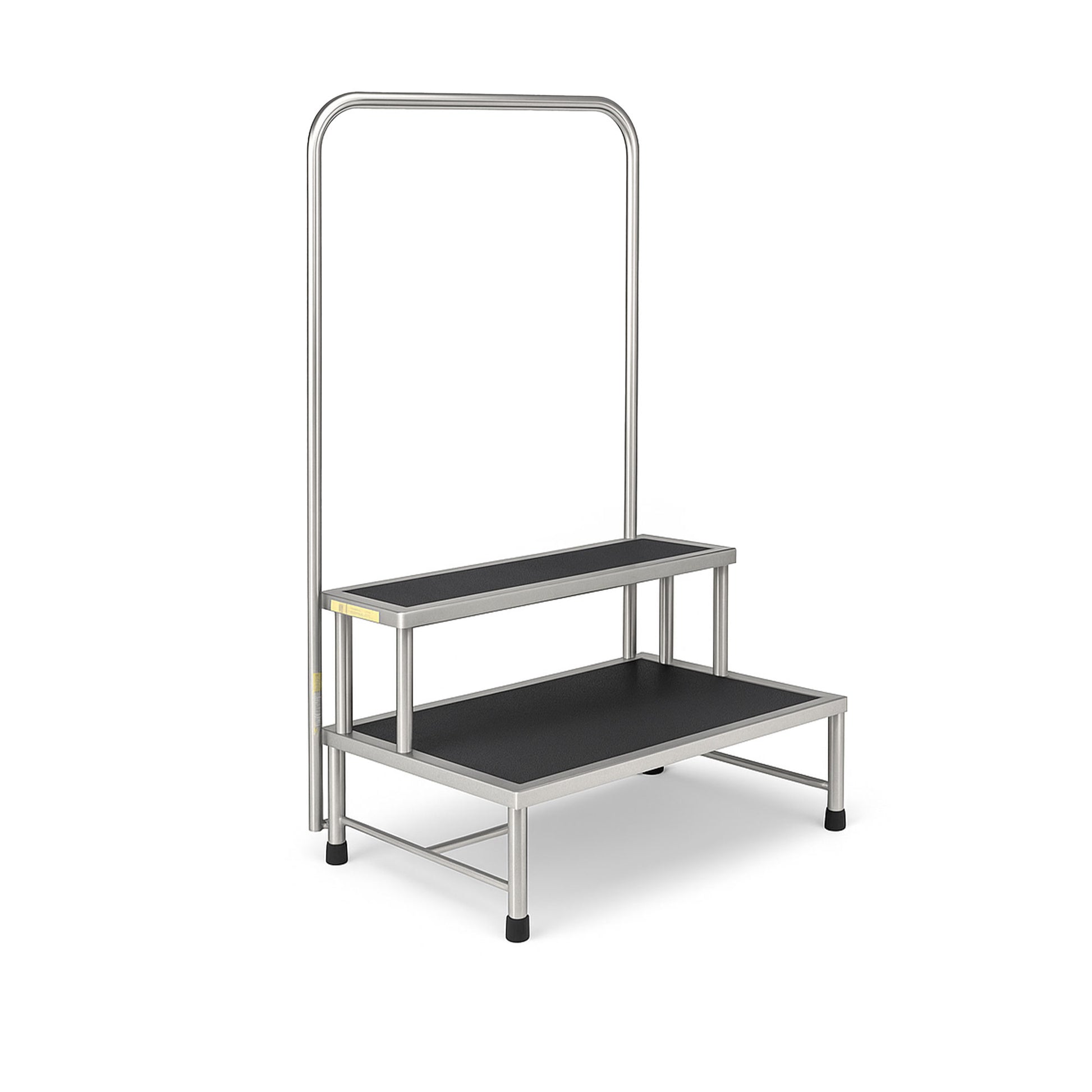 Durable stainless steel two-step foot stool with optional handrail, MRI-safe design, non-slip treads, and reinforced stability for medical facilities.