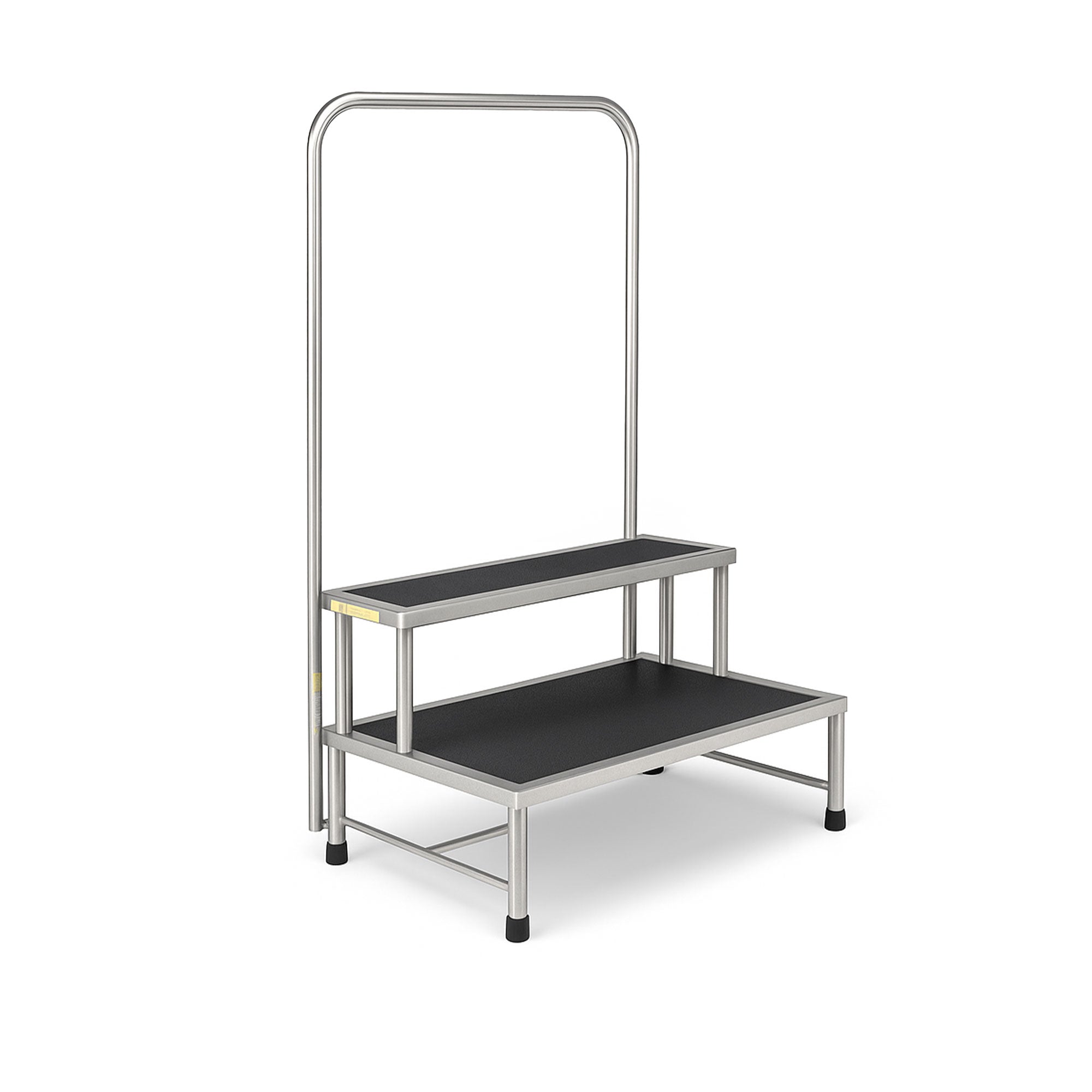 Durable stainless steel two-step foot stool with optional handrail, MRI-safe design, non-slip treads, and reinforced stability for medical facilities.