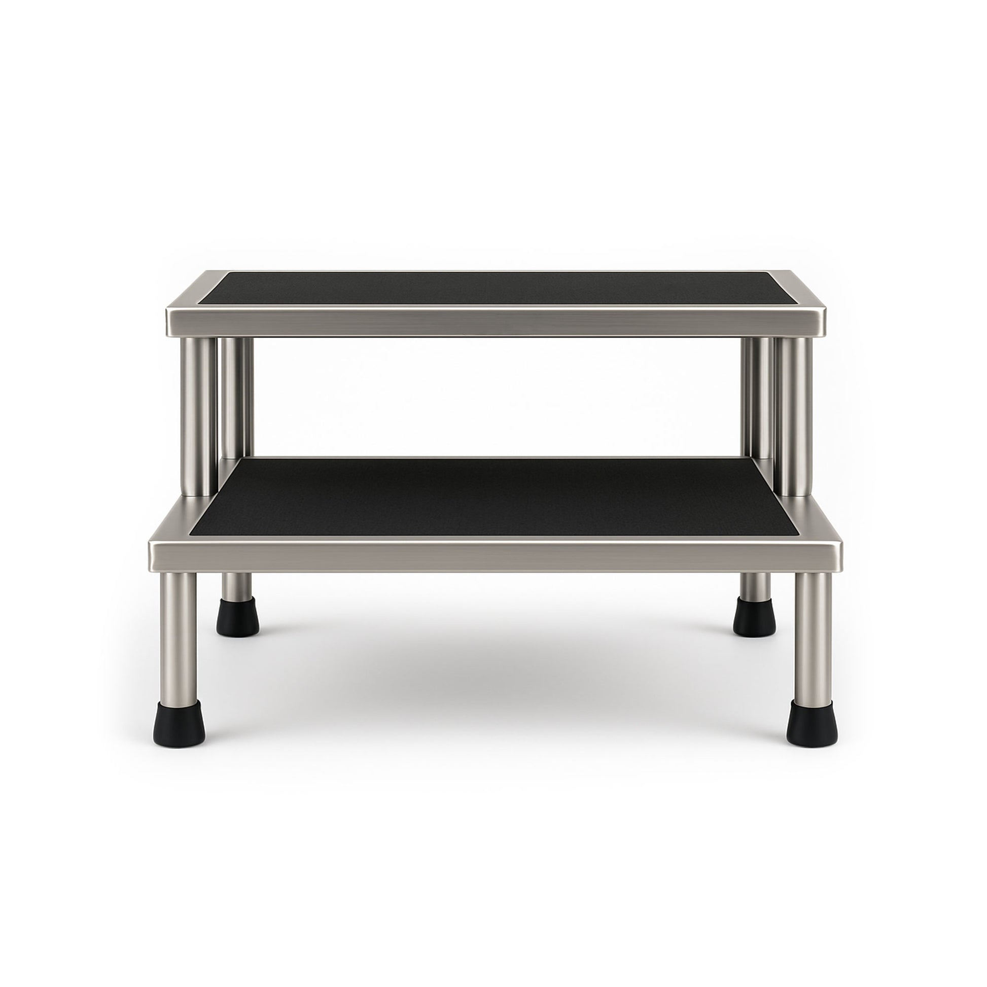 Durable two-step stainless steel foot stool without handrail for MRI facilities, safety-focused and industry-standard design.