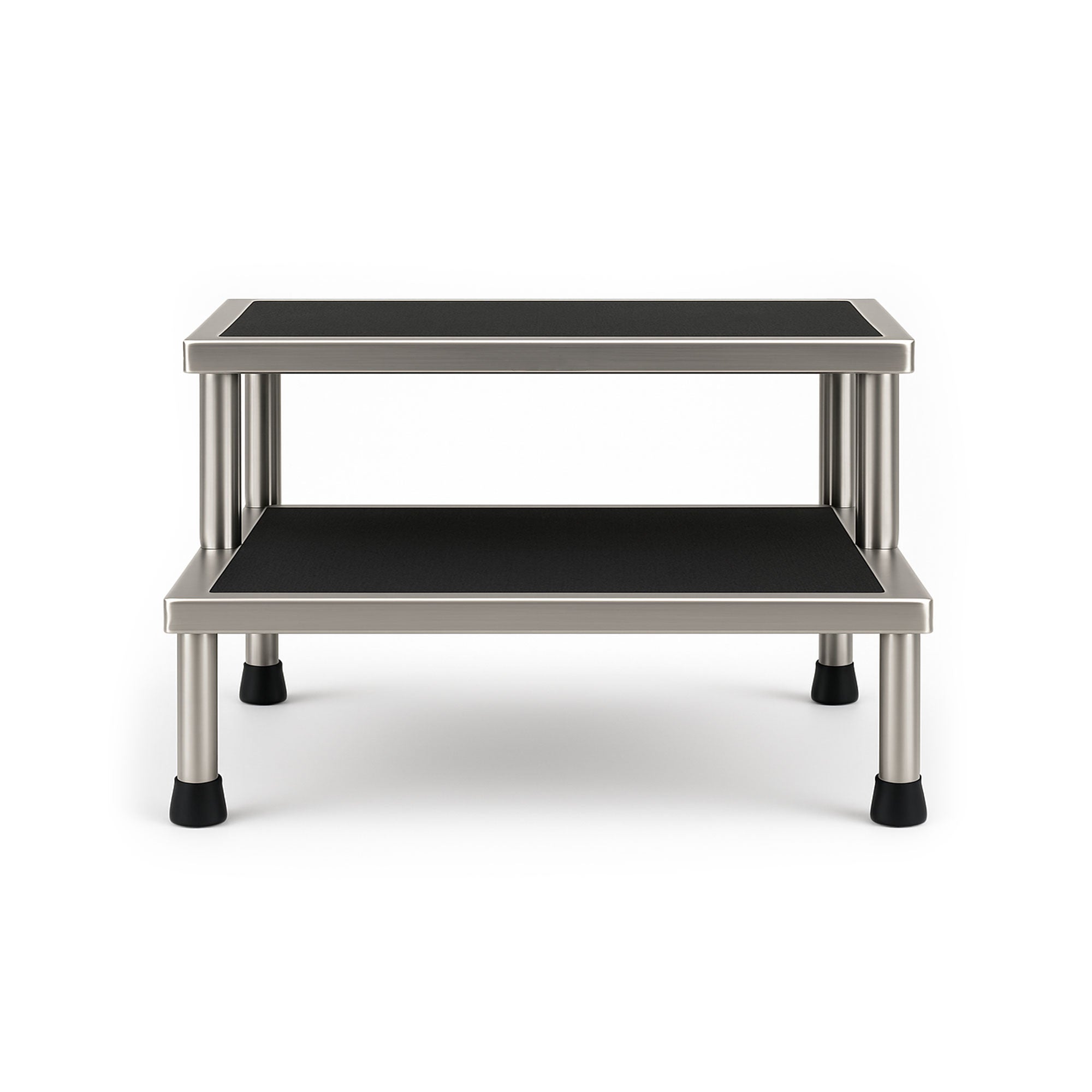 Durable two-step stainless steel foot stool without handrail for MRI facilities, safety-focused and industry-standard design.