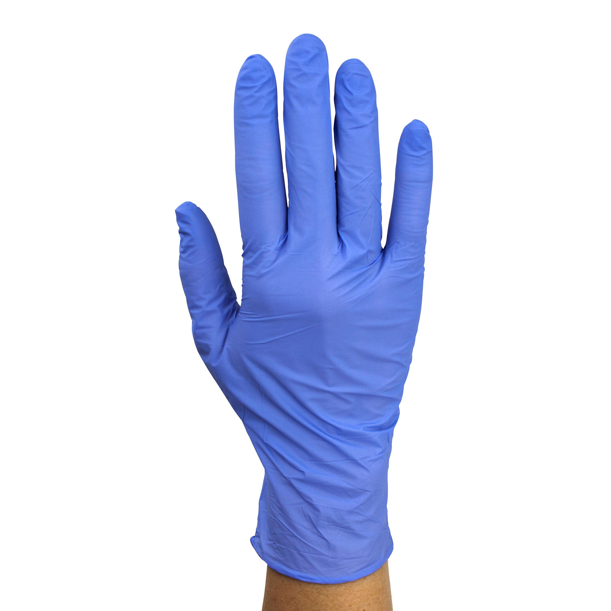 A hand wearing a Dynarex DynaPlus Nitrile Exam Glove, showcasing its secure fit, textured fingertips, and durable material.