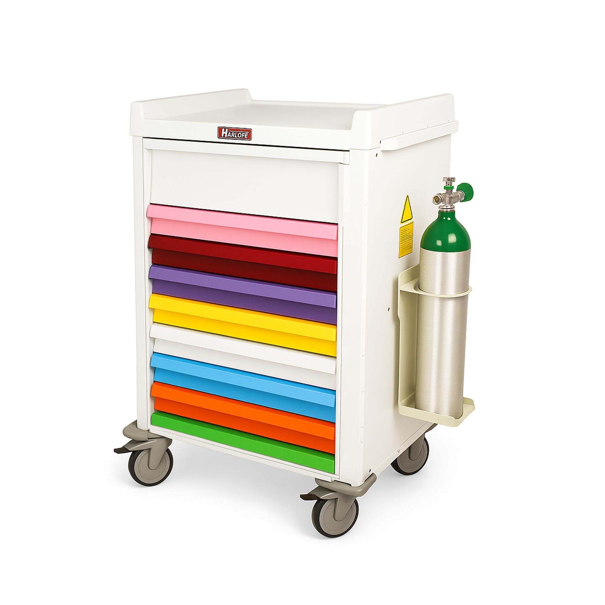 Oxygen holder securely attached to a Harloff emergency cart, holding a size "D" oxygen tank.