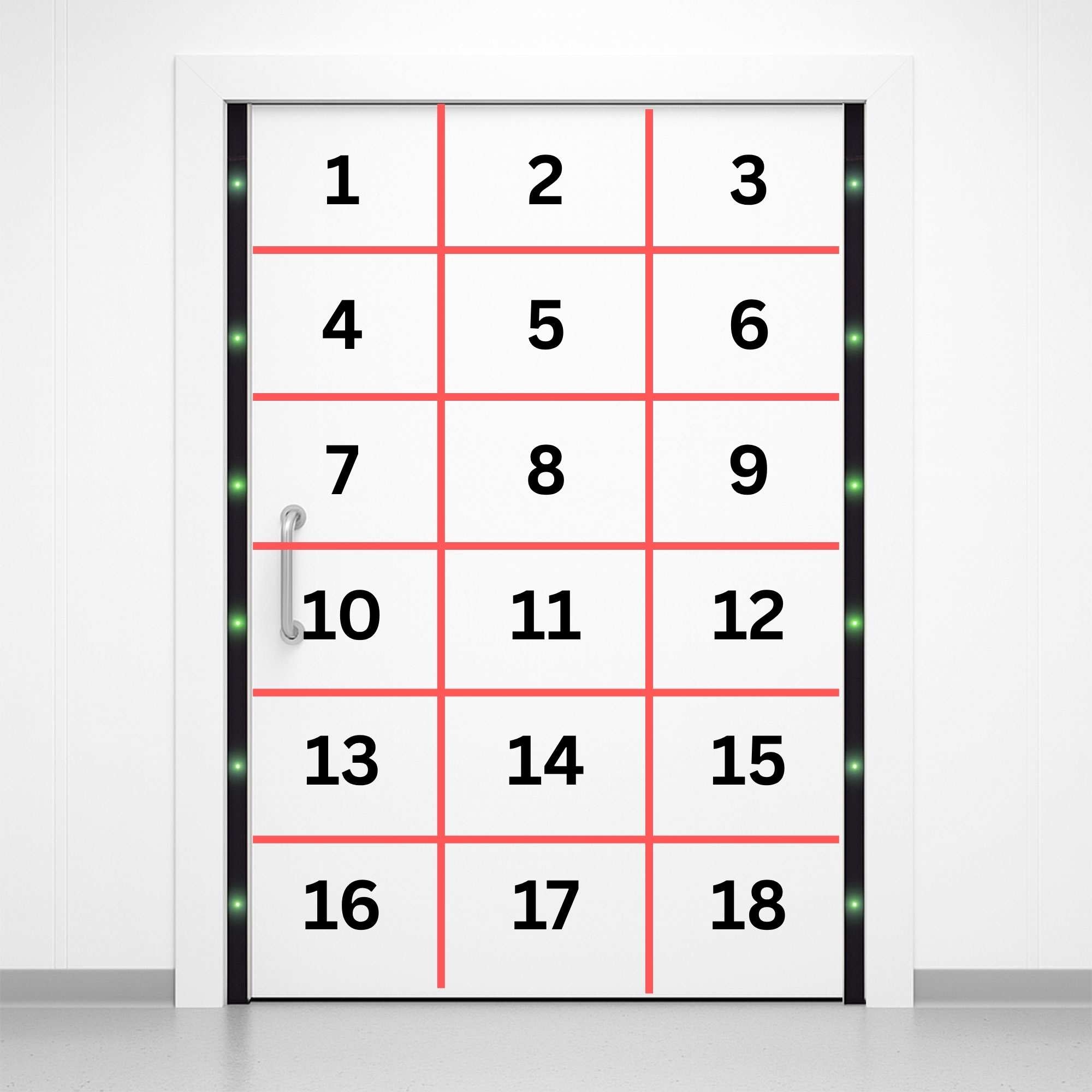 White MRI door with FerrAlert Halo II Plus ferromagnetic detector with number grid for pinpoint accuracy  