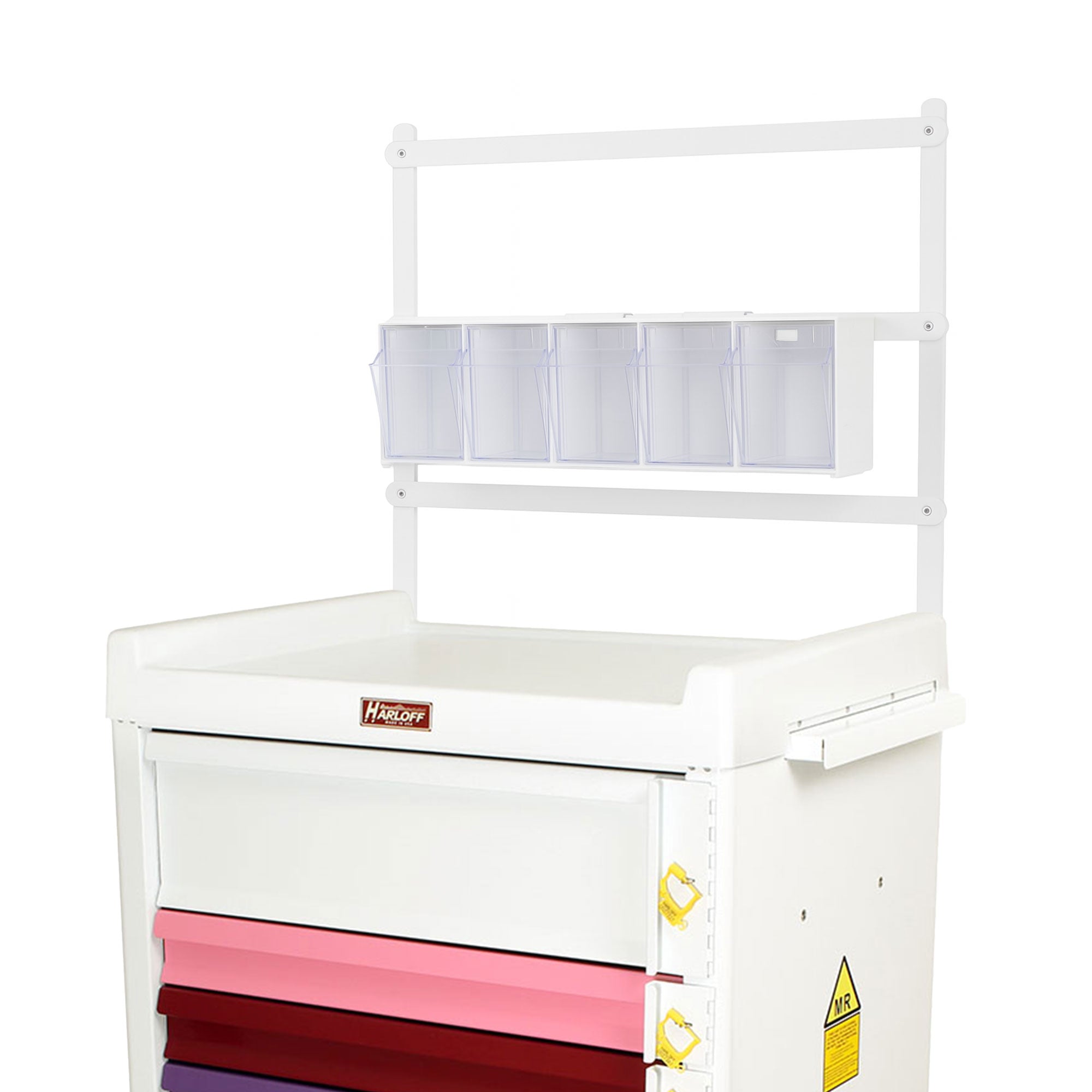 Five Compartment Medical Cart Tilt Bin with Rail Clips attached to a Harloff back rail system, ideal for storing gloves, syringes, and bandages efficiently. Durable and organized storage solution for healthcare professionals.