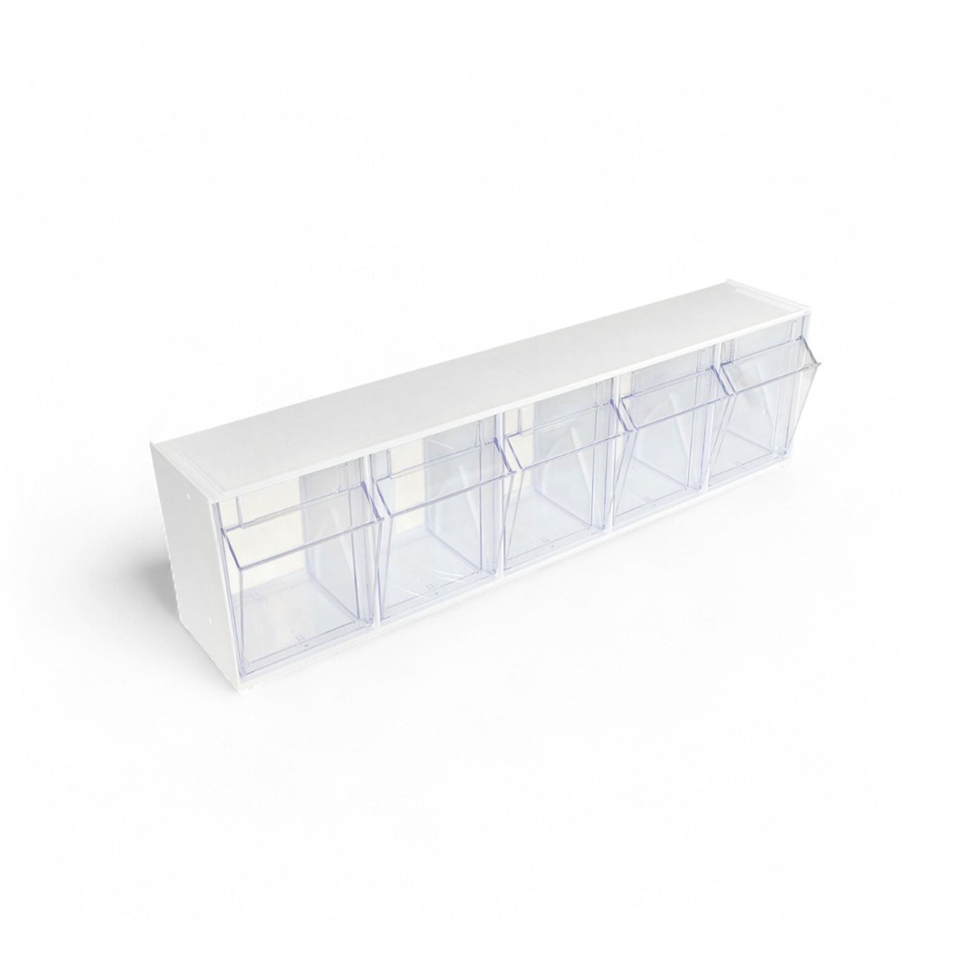 Five-compartment medical cart tilt bin attached to a Harloff back rail system, organizing gloves, syringes, and bandages for easy access in healthcare settings.