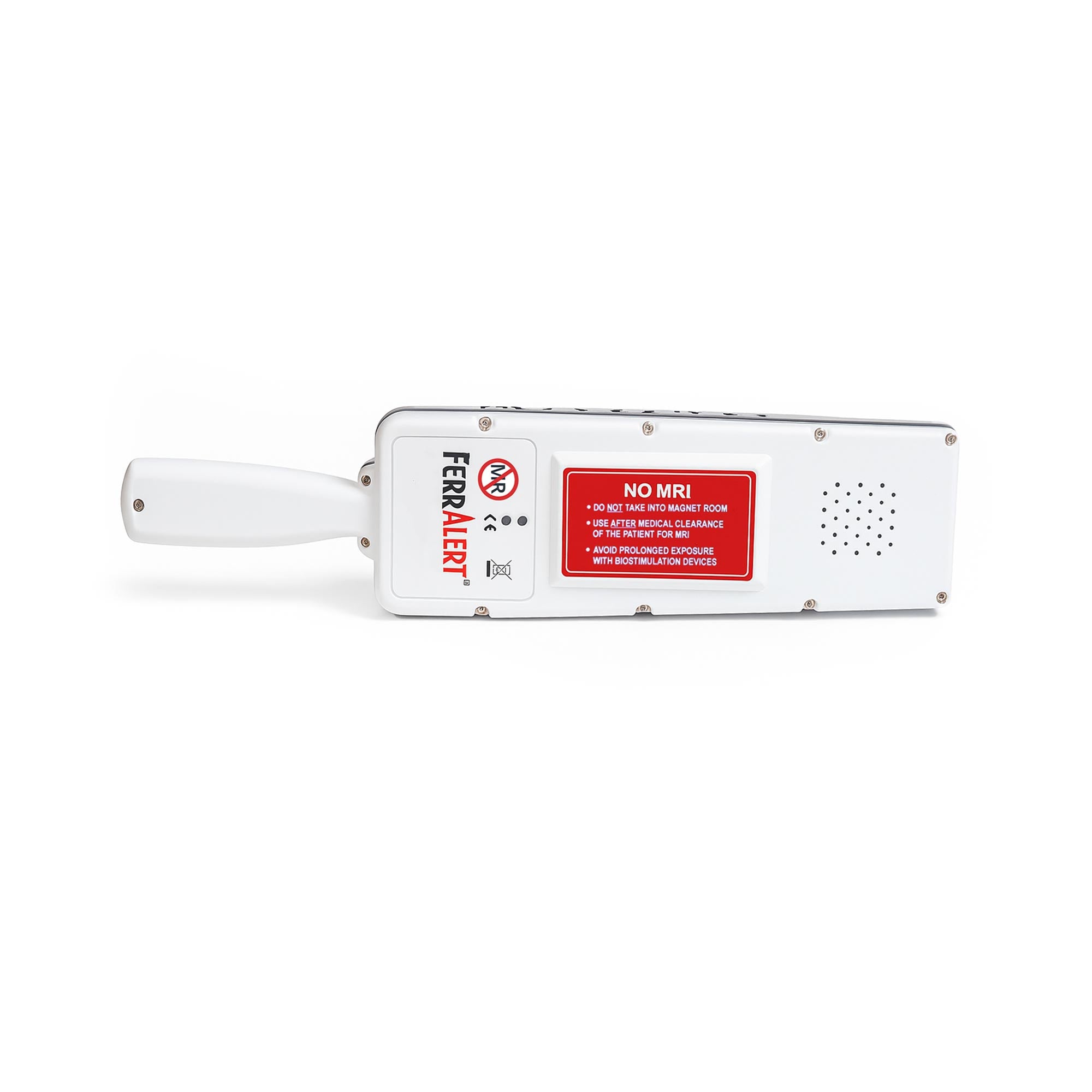Handheld ferromagnetic detector for MRI safety, detecting ferromagnetic objects with precision, ideal for non-ambulatory patients and compatible with metal gurneys and wheelchairs.