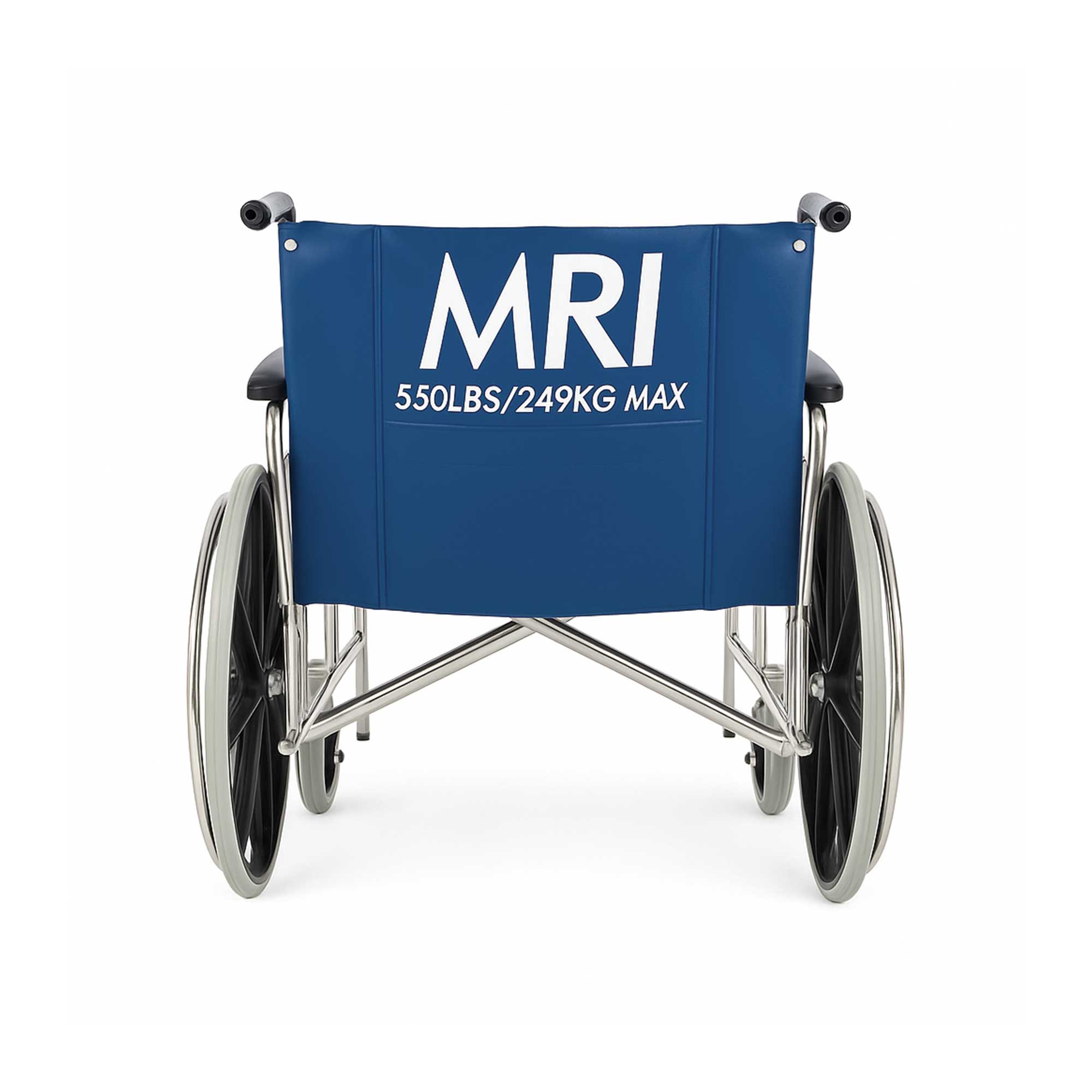 Back view of a heavy-duty non-magnetic MRI wheelchair in blue upholstery, featuring a 24-inch wide seat, durable construction, and safety features designed for MRI environments.