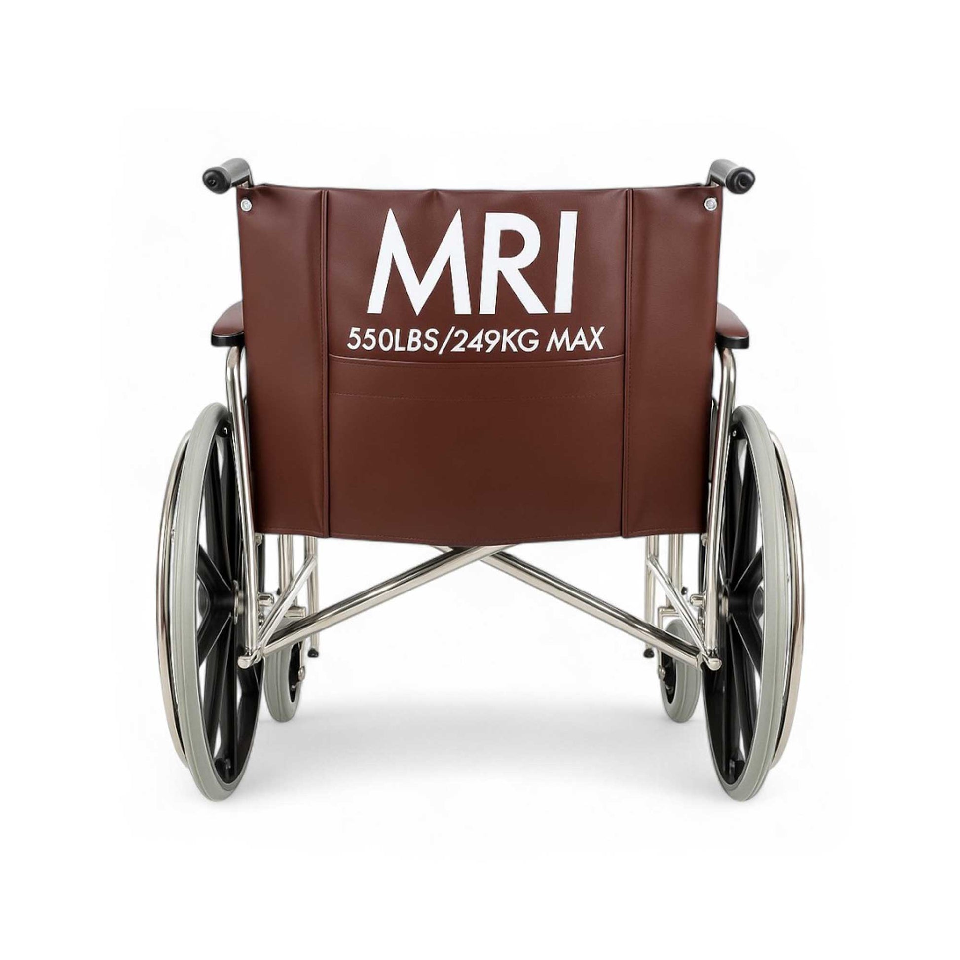 Back view of a heavy-duty non-magnetic MRI wheelchair in burgundy upholstery, featuring a 24-inch wide seat, durable construction, and safety features designed for MRI environments.