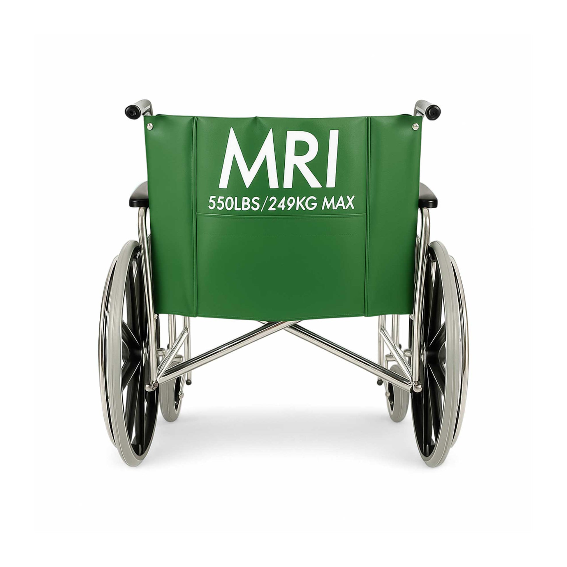 Back view of a heavy-duty non-magnetic MRI wheelchair in green upholstery, featuring a 24-inch wide seat, durable construction, and safety features designed for MRI environments.