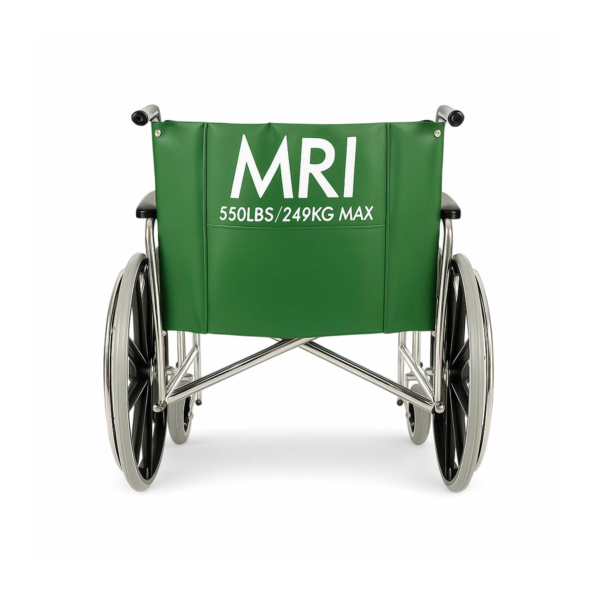 Back view of a heavy-duty non-magnetic MRI wheelchair in green upholstery, featuring a 24-inch wide seat, durable construction, and safety features designed for MRI environments.