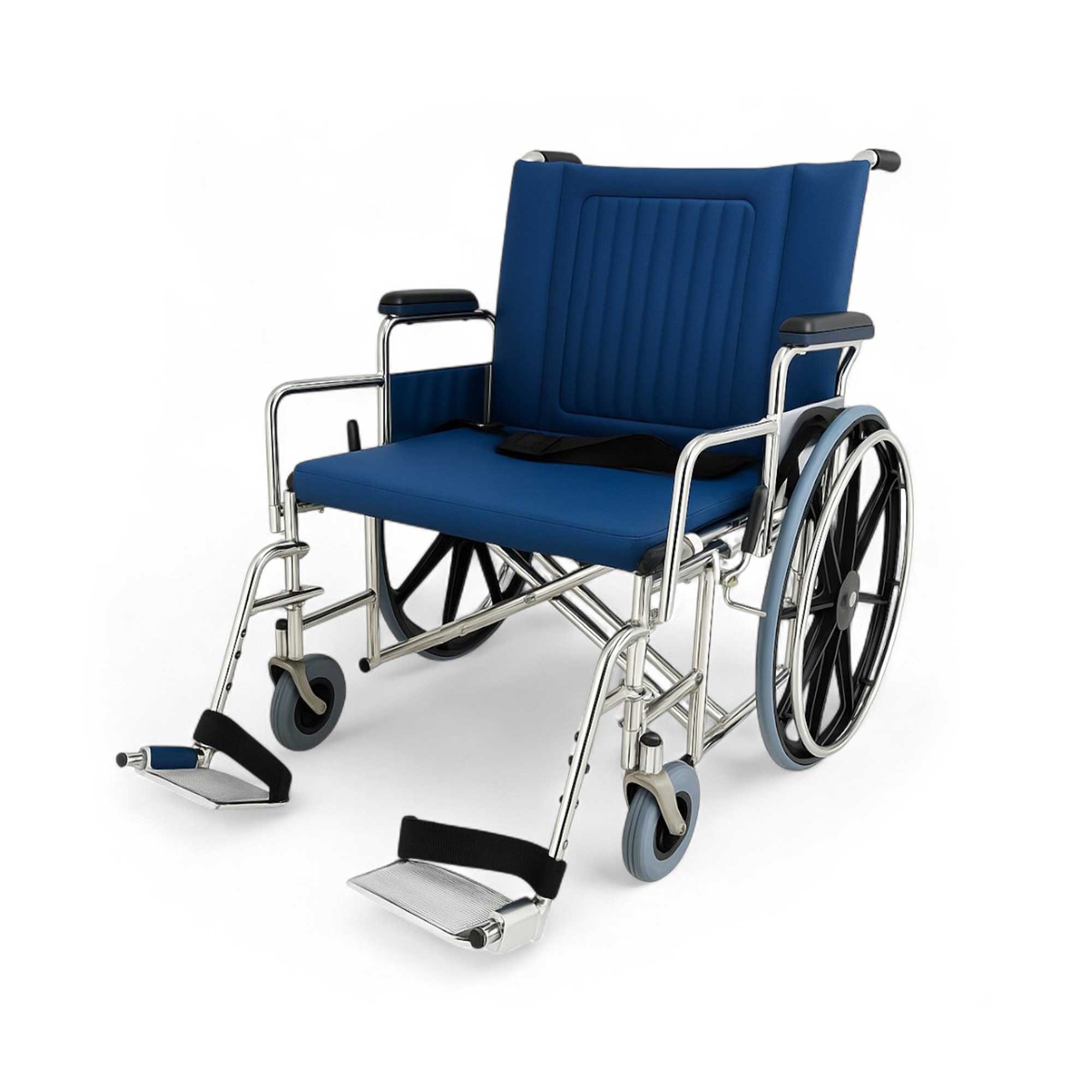 Heavy Duty Non-Magnetic MRI Wheelchair - 24" Wide with Detachable Footrests and Armrests, designed for MRI safety, featuring non-magnetic materials, wide seat, detachable parts, in dark blue.