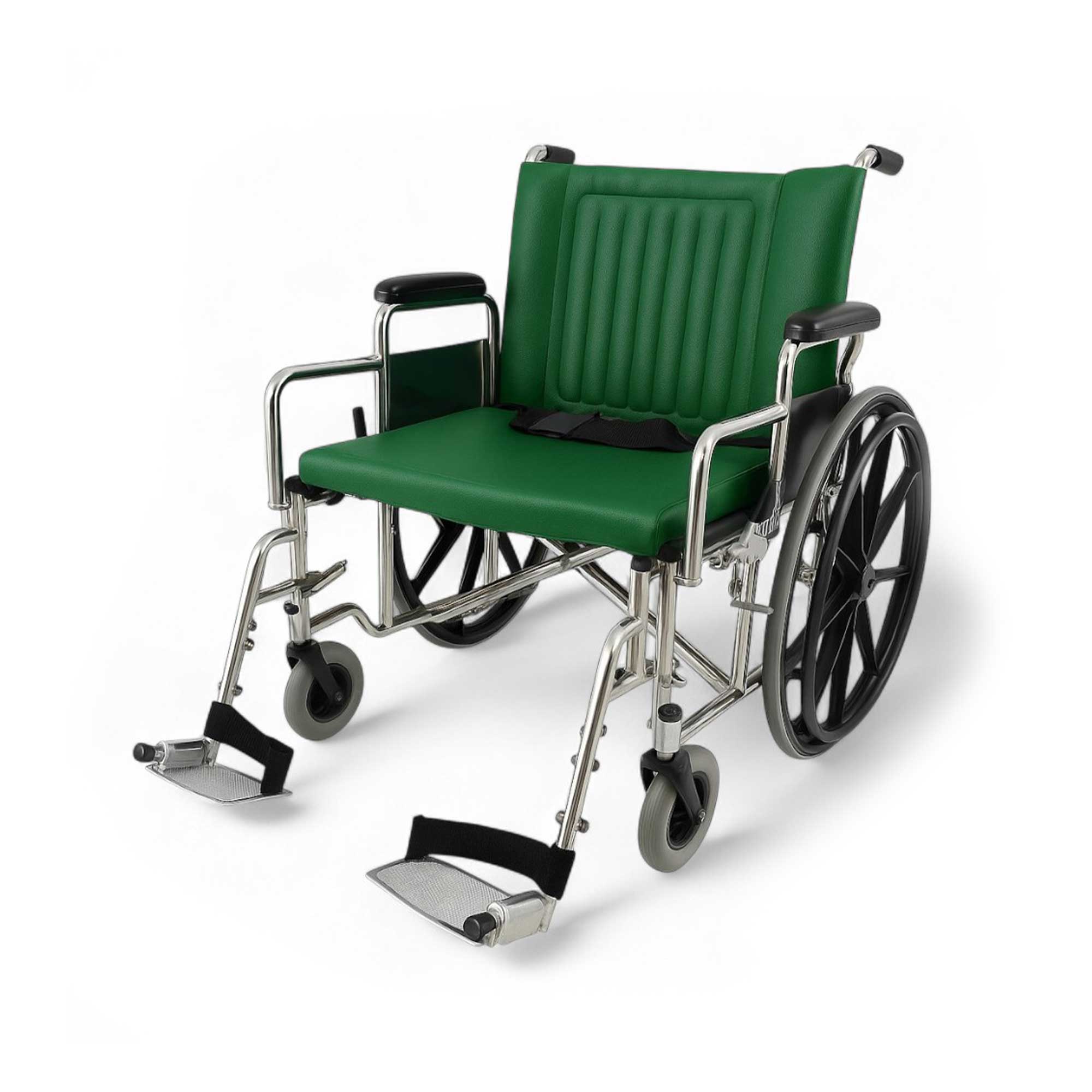 Heavy Duty Non-Magnetic MRI Wheelchair - 24" Wide with Detachable Footrests and Armrests, designed for MRI safety, featuring non-magnetic materials, wide seat, detachable parts, in Green.