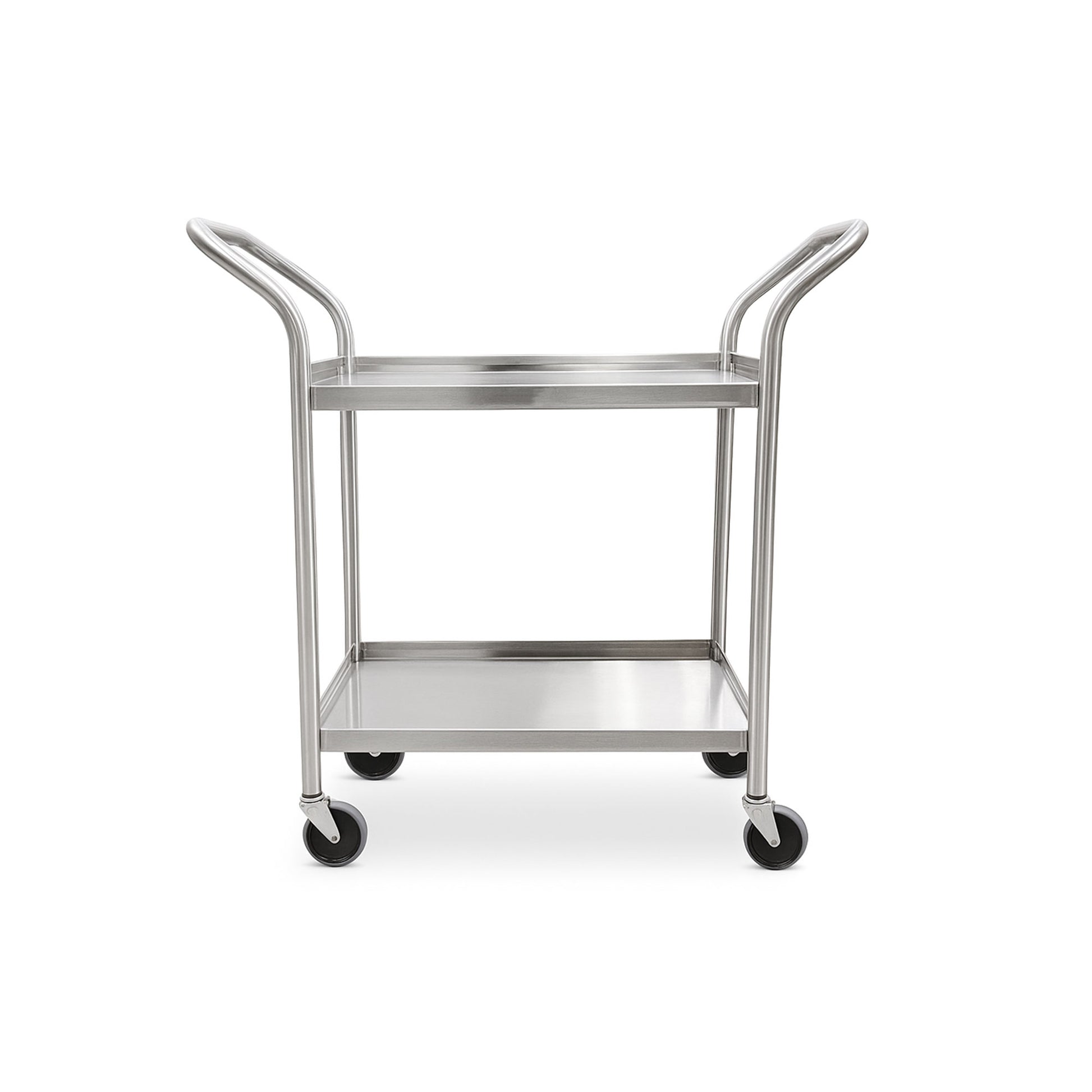 MR conditional heavy-duty stainless steel cart with two spacious 4-sided shelves, ergonomic angled push handles, and 5” swivel casters, ideal for medical, lab, or industrial use.