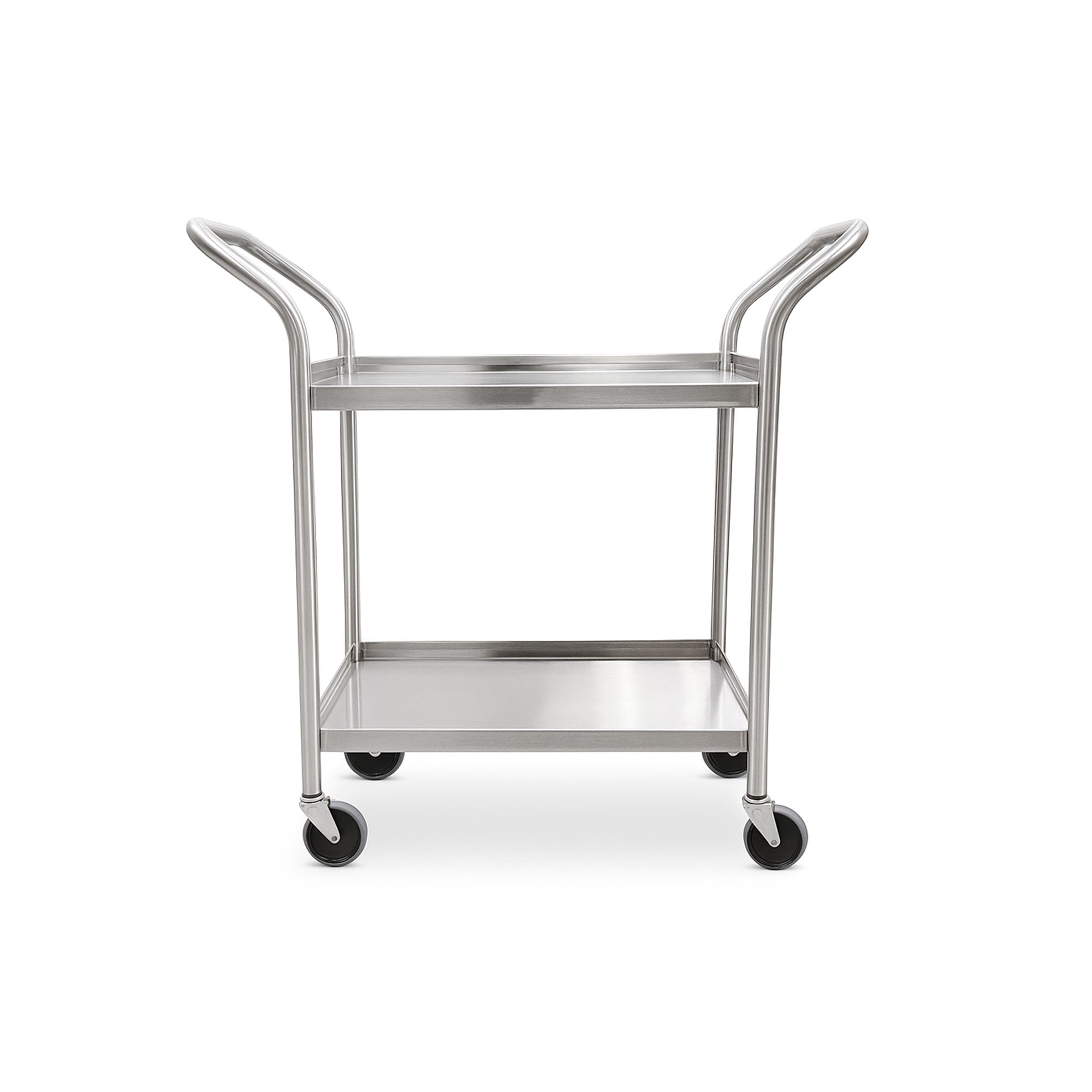 MR conditional heavy-duty stainless steel cart with two spacious 4-sided shelves, ergonomic angled push handles, and 5” swivel casters, ideal for medical, lab, or industrial use.
