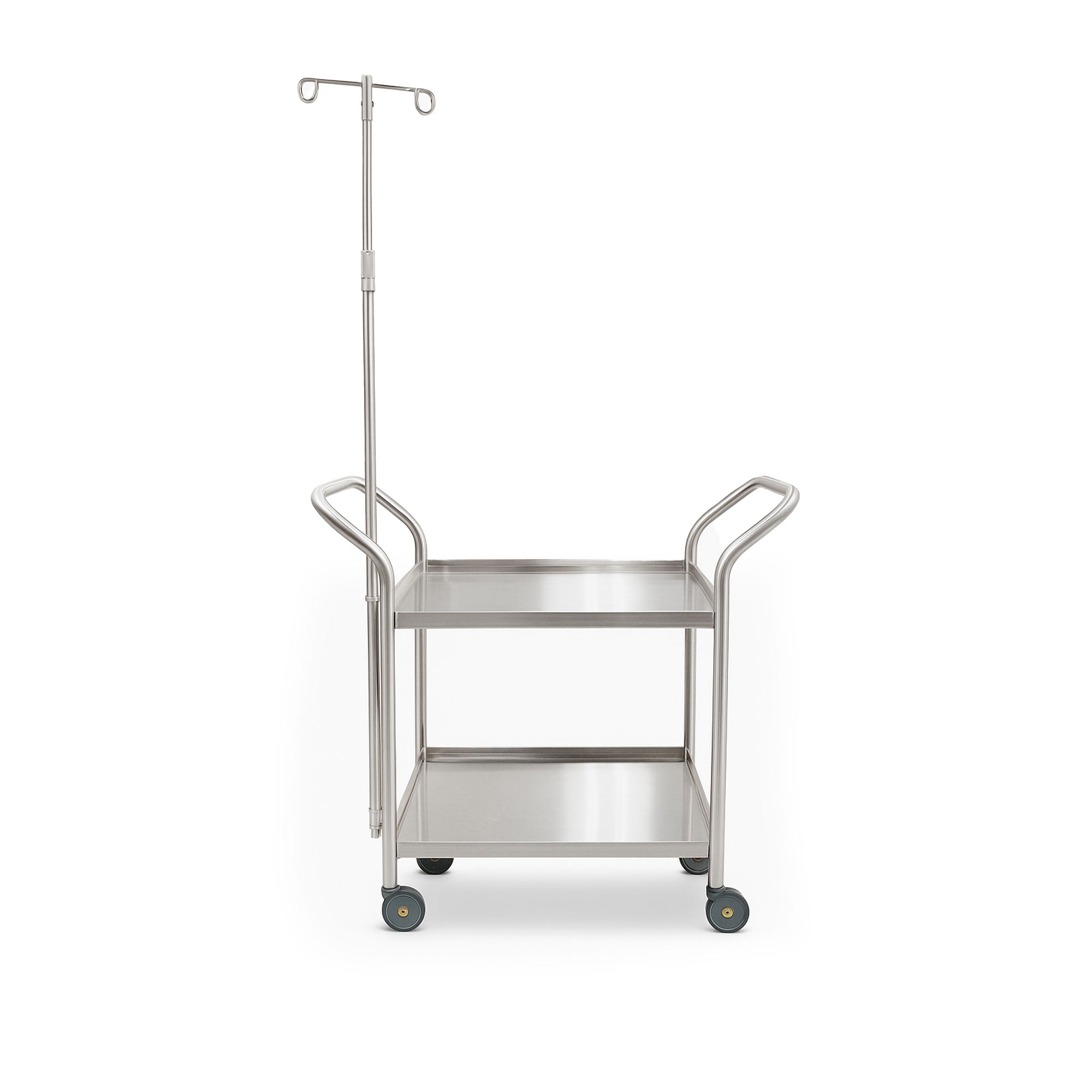 Heavy-duty stainless steel cart with IV pole, featuring two spacious shelves, ergonomic handles, and 5” swivel casters for smooth mobility. Designed for durability, hygiene, and a 700 lbs. weight capacity.