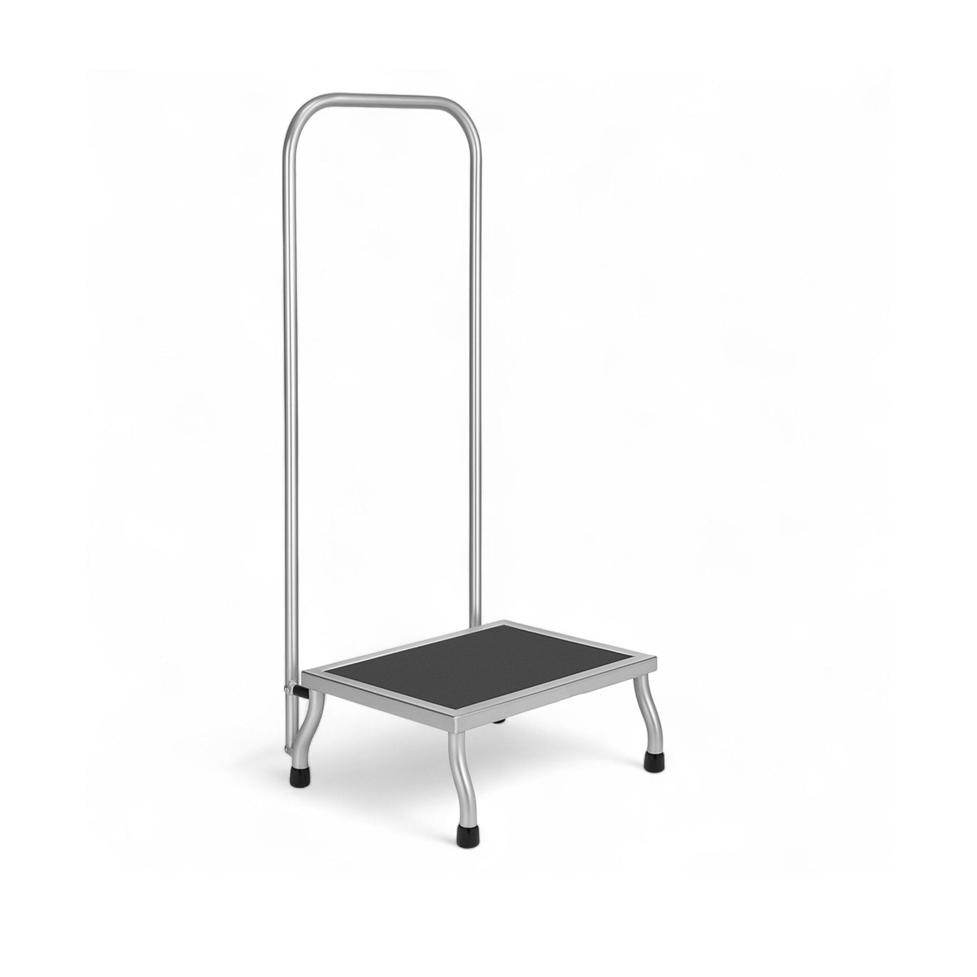 Premium 18" non-magnetic stainless steel foot stool with handrail, non-slip treads and rubber feet, designed for durability, stability, and safety, ideal for MRI, medical, professional, and home use.