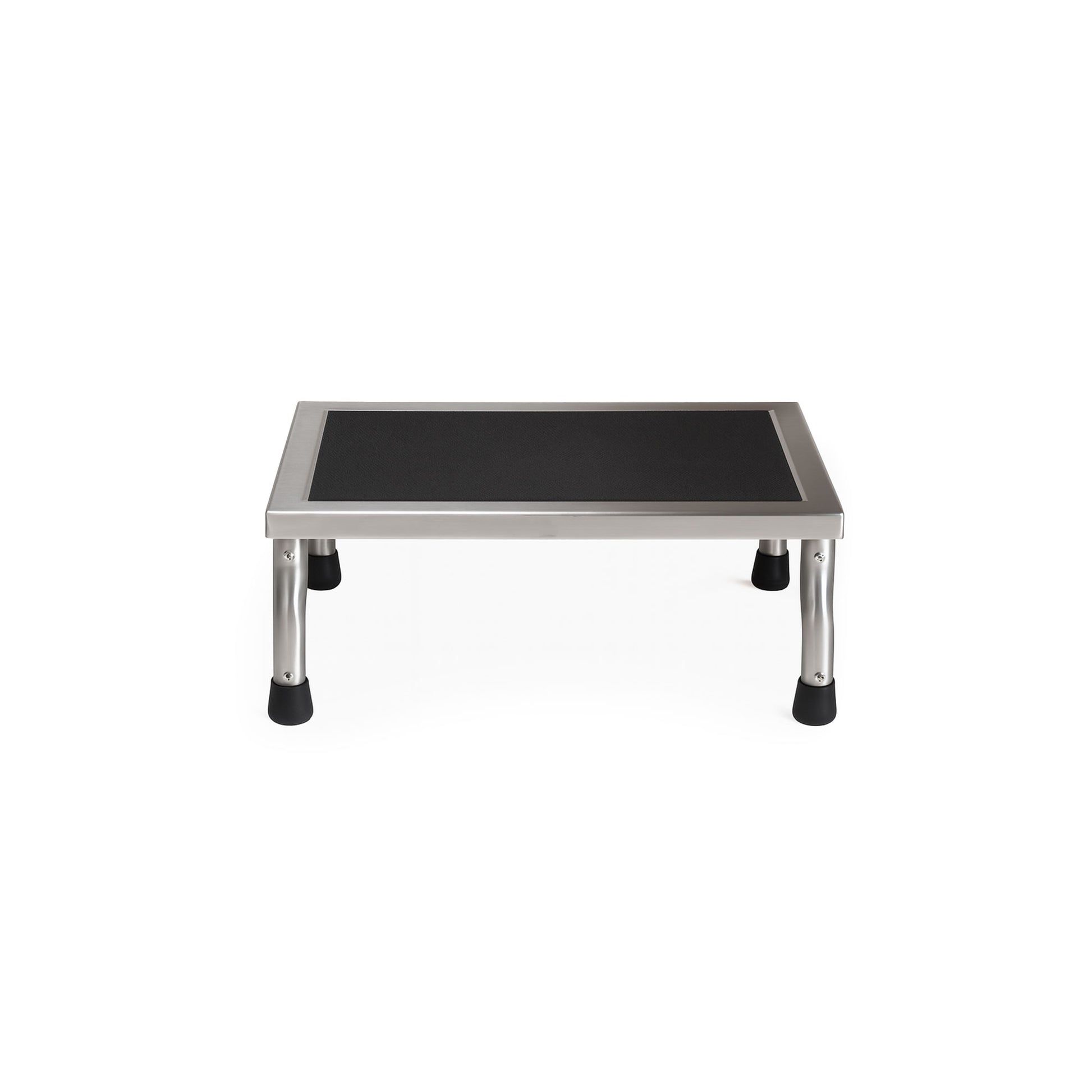18" wide Stainless steel foot stool with non-slip rubber treads and feet tips, available with or without a handrail, 8" height, 300lbs weight capacity.