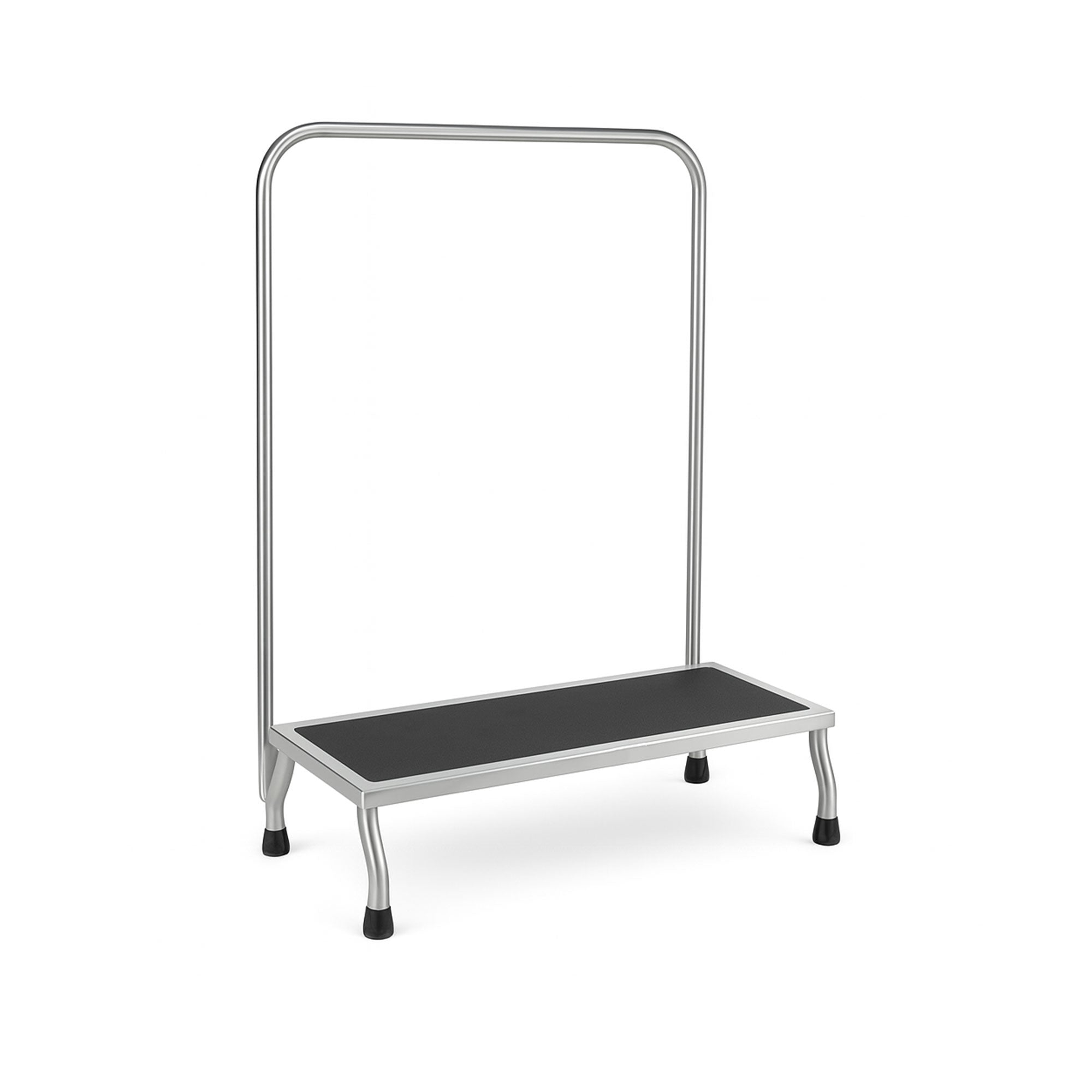 Premium 30" non-magnetic stainless steel foot stool with handrail, non-slip treads and rubber feet, designed for durability, stability, and safety, ideal for MRI, medical, professional, and home use.
