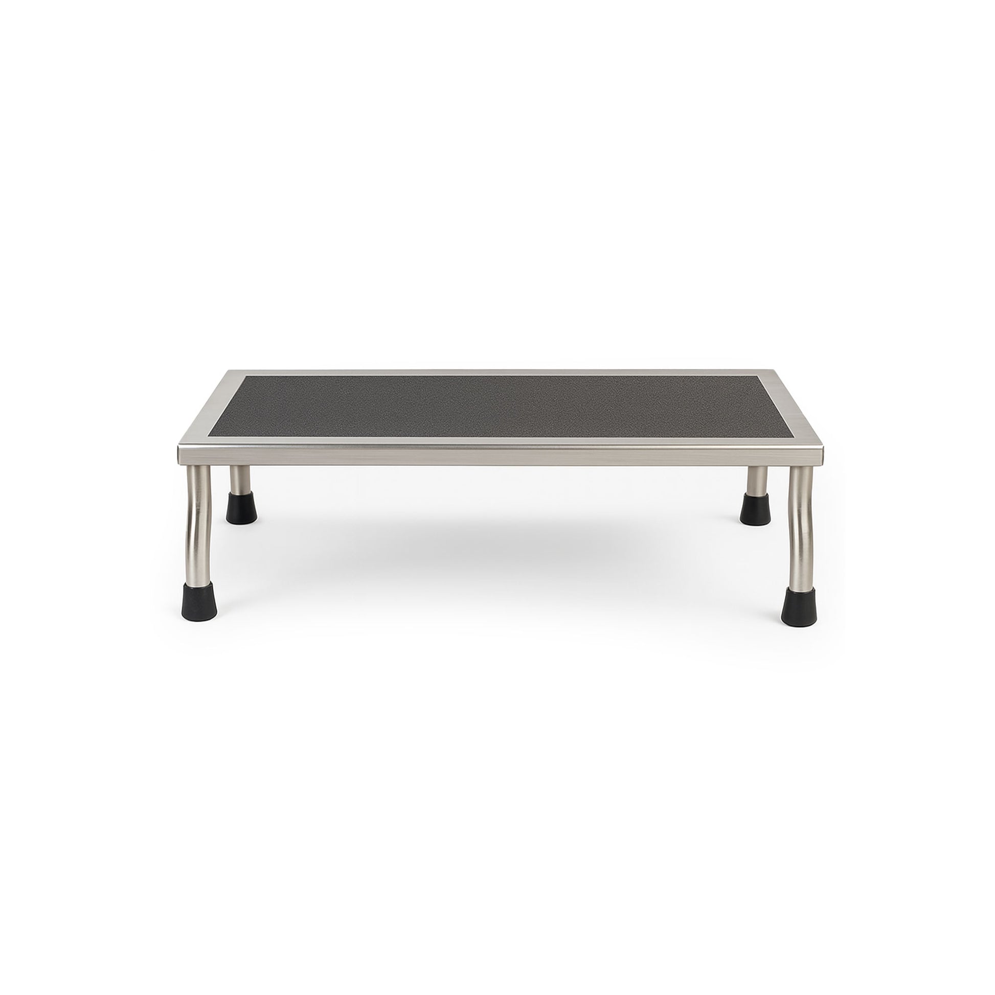 Stainless steel foot stool with non-slip rubber treads and feet tips, available with or without a handrail, 8" height, 300lbs weight capacity.