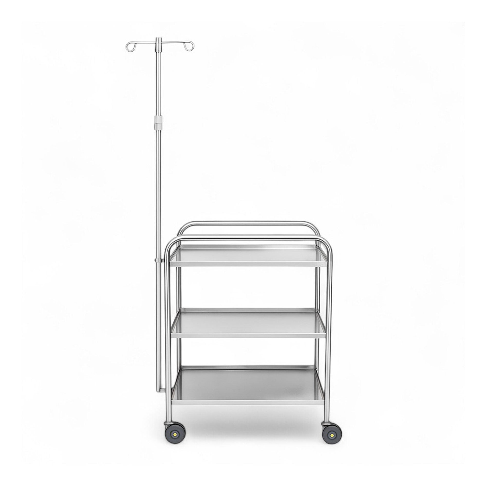 Medium-duty non-magnetic stainless steel utility cart with lipped edges, side rails, and an optional IV pole attachment. Designed for MRI and medical environments, featuring three shelves, swivel casters, and a 500 lb weight capacity.
