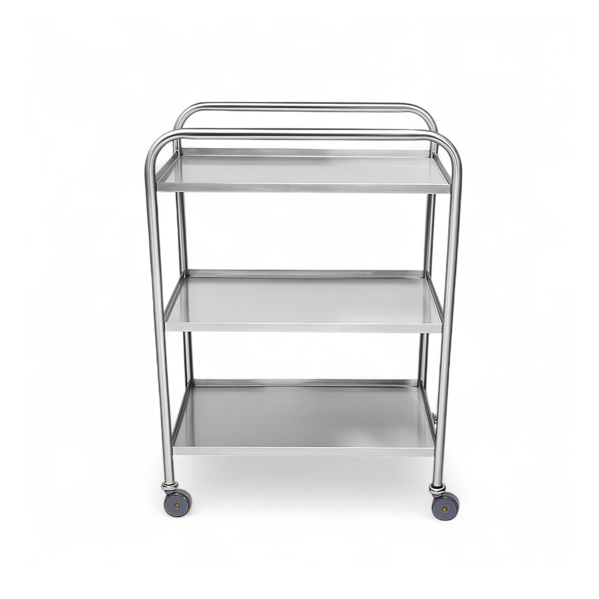Medium-duty non-magnetic utility cart with lipped edges, side rails, and optional IV pole attachment. Made of durable 16GA stainless steel, featuring three solid shelves, 4” swivel casters, and a 500 lbs weight capacity. Compact design ideal for MRI, medical, and industrial settings.
