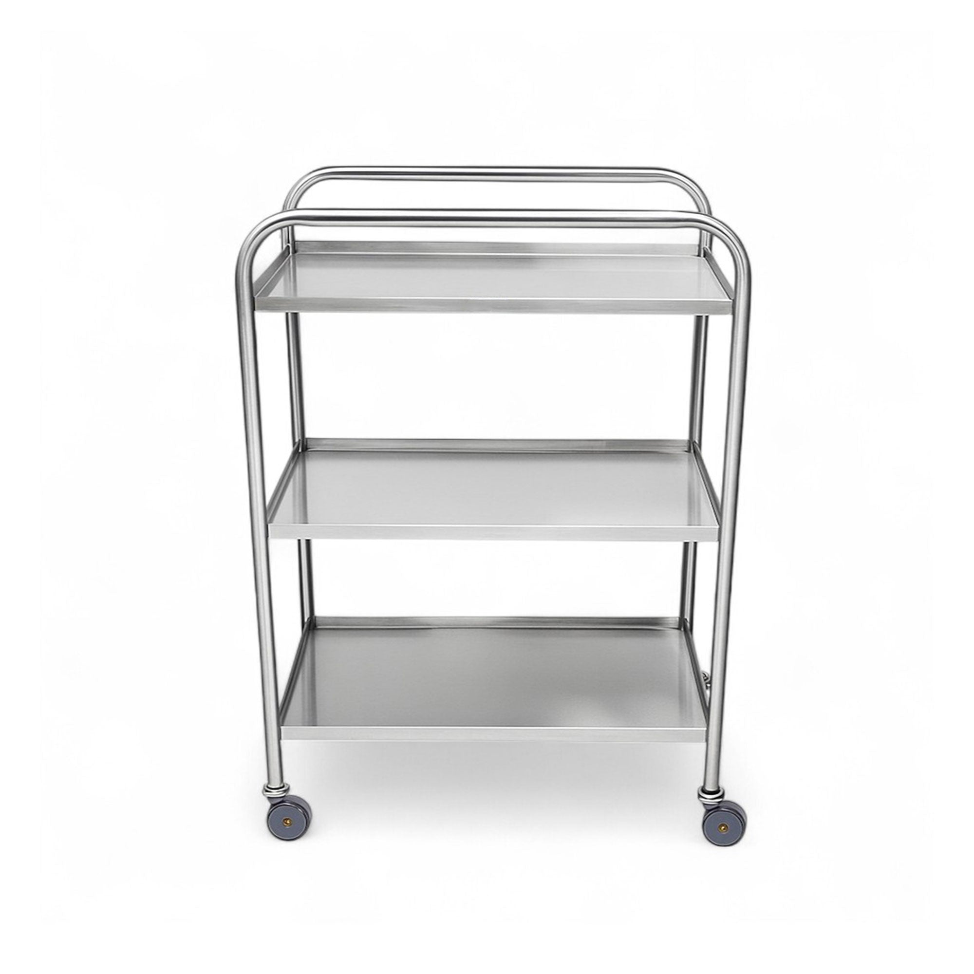 Medium-duty non-magnetic utility cart with lipped edges, side rails, and optional IV pole attachment. Made of durable 16GA stainless steel, featuring three solid shelves, 4” swivel casters, and a 500 lbs weight capacity. Compact design ideal for MRI, medical, and industrial settings.