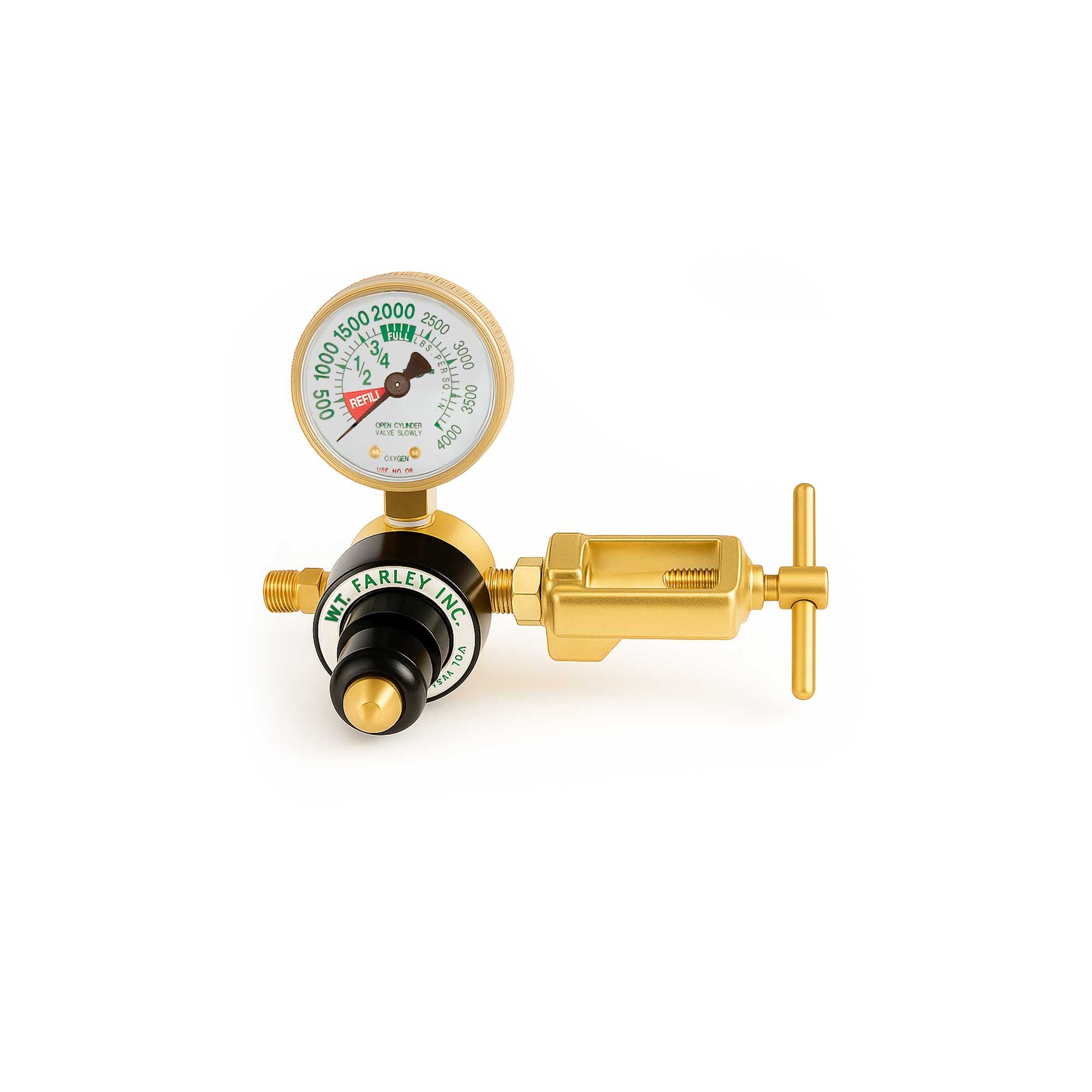 Non-magnetic oxygen regulator made of durable brass, preset at 50 PSI, compatible with DISS outlet for medical use in MRI environments.