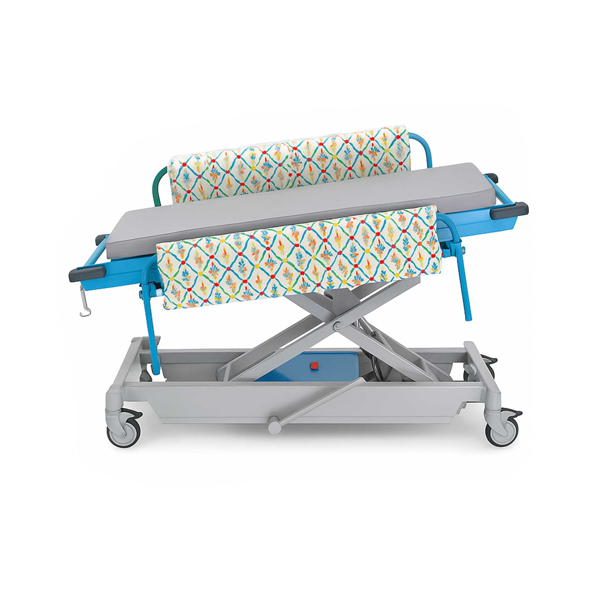 MR-Conditional Adjustable-Height Trolley with hydraulic height adjustment, gas-spring assisted positioning, folding side rails, flame-retardant mattress, IV pole, and durable casters; designed for safe use in MRI settings up to 3 Tesla.