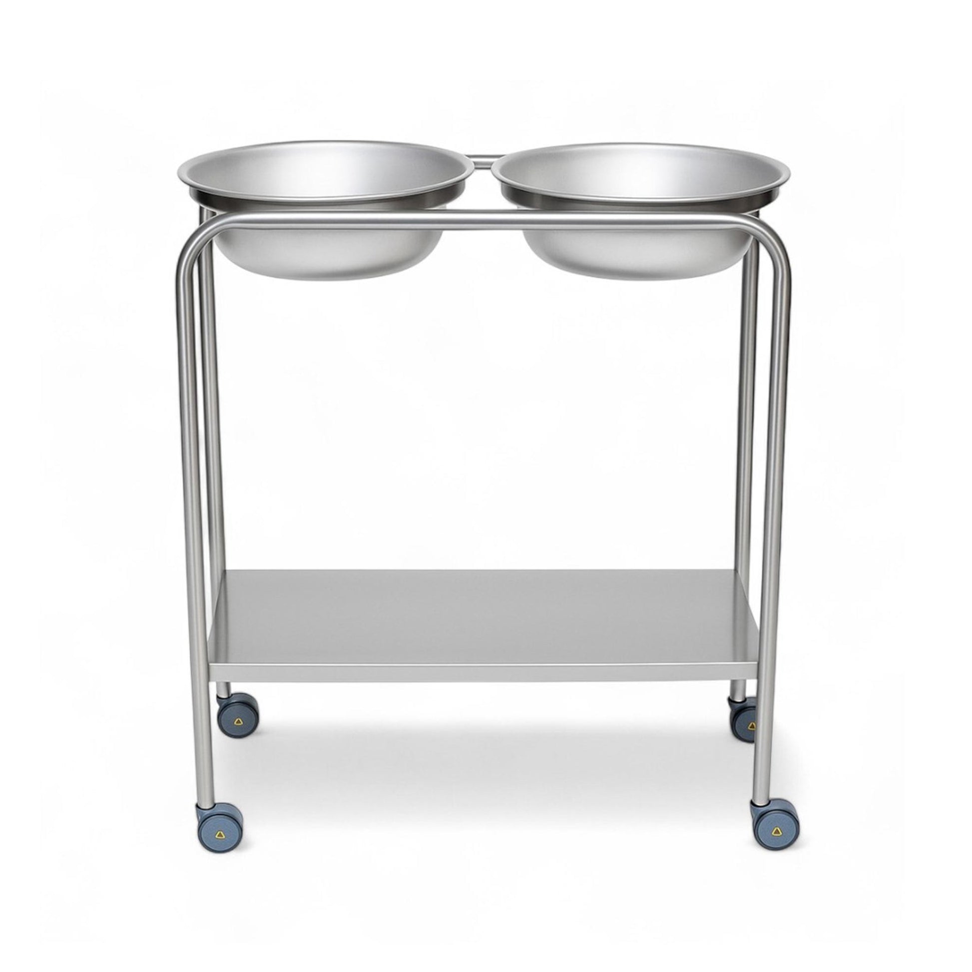 MR Conditional Double Basin Solution Stand with two removable 8.5-quart basins, rubber inner rim, silent swivel casters, and ergonomic design for medical and MRI use.
