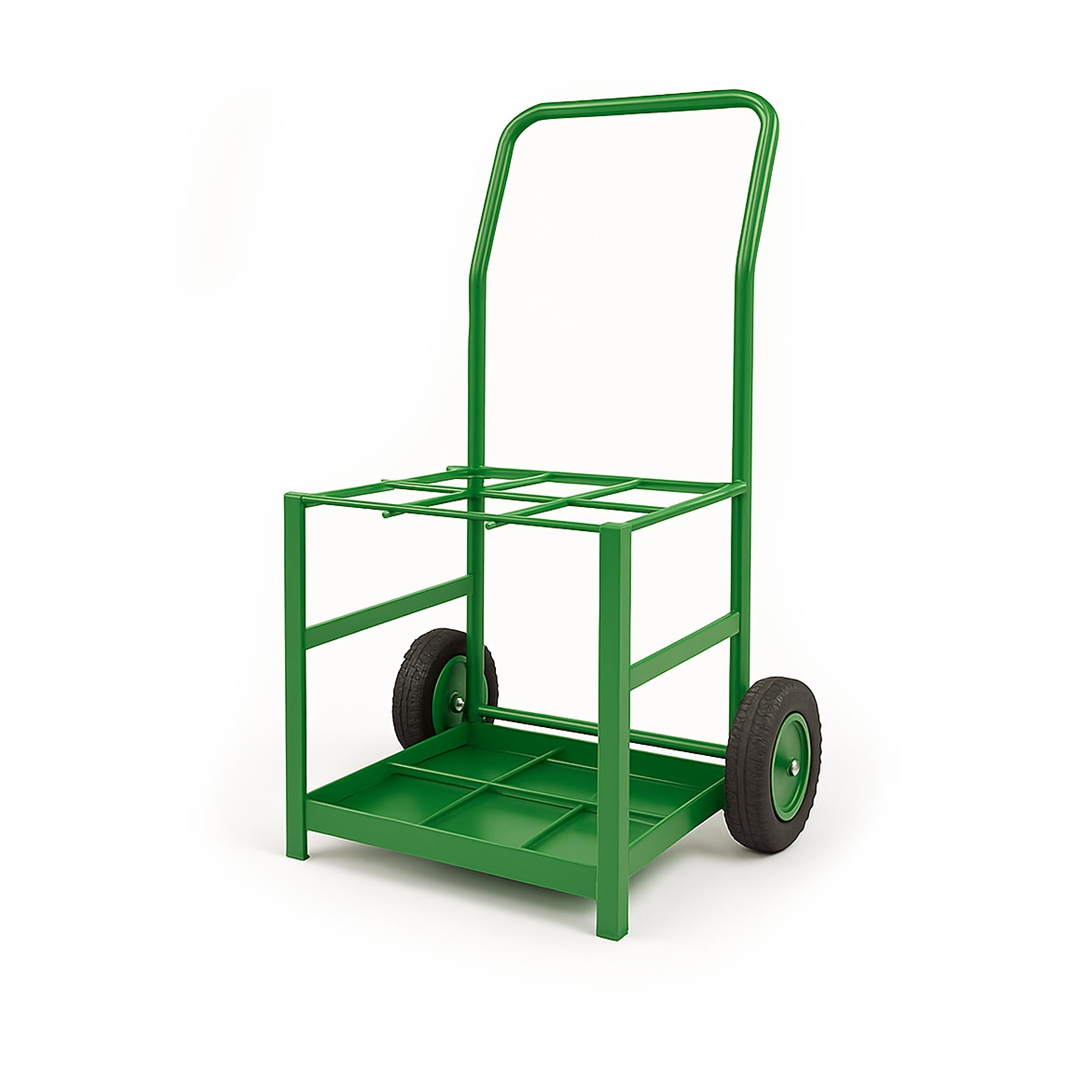MRI Conditional 6 E Cylinder Tilt Back Transport Cart with green powder-coated finish, lightweight aluminum frame, and space for 6 D or E medical oxygen cylinders.