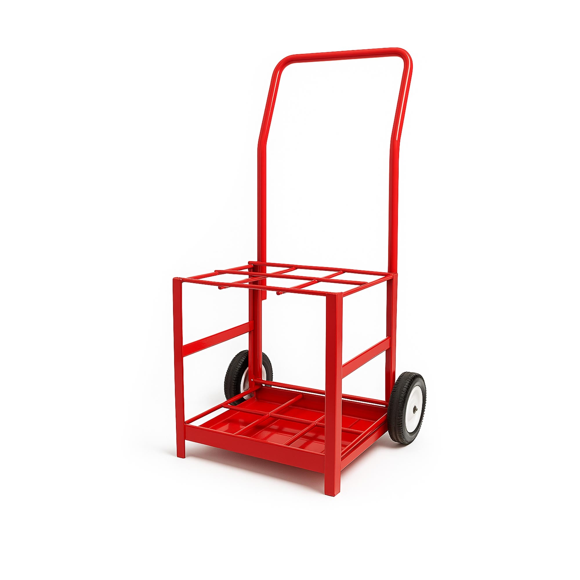 MRI Conditional 6 E Cylinder Tilt Back Transport Cart with red powder-coated finish, lightweight aluminum frame, and space for 6 D or E medical oxygen cylinders.