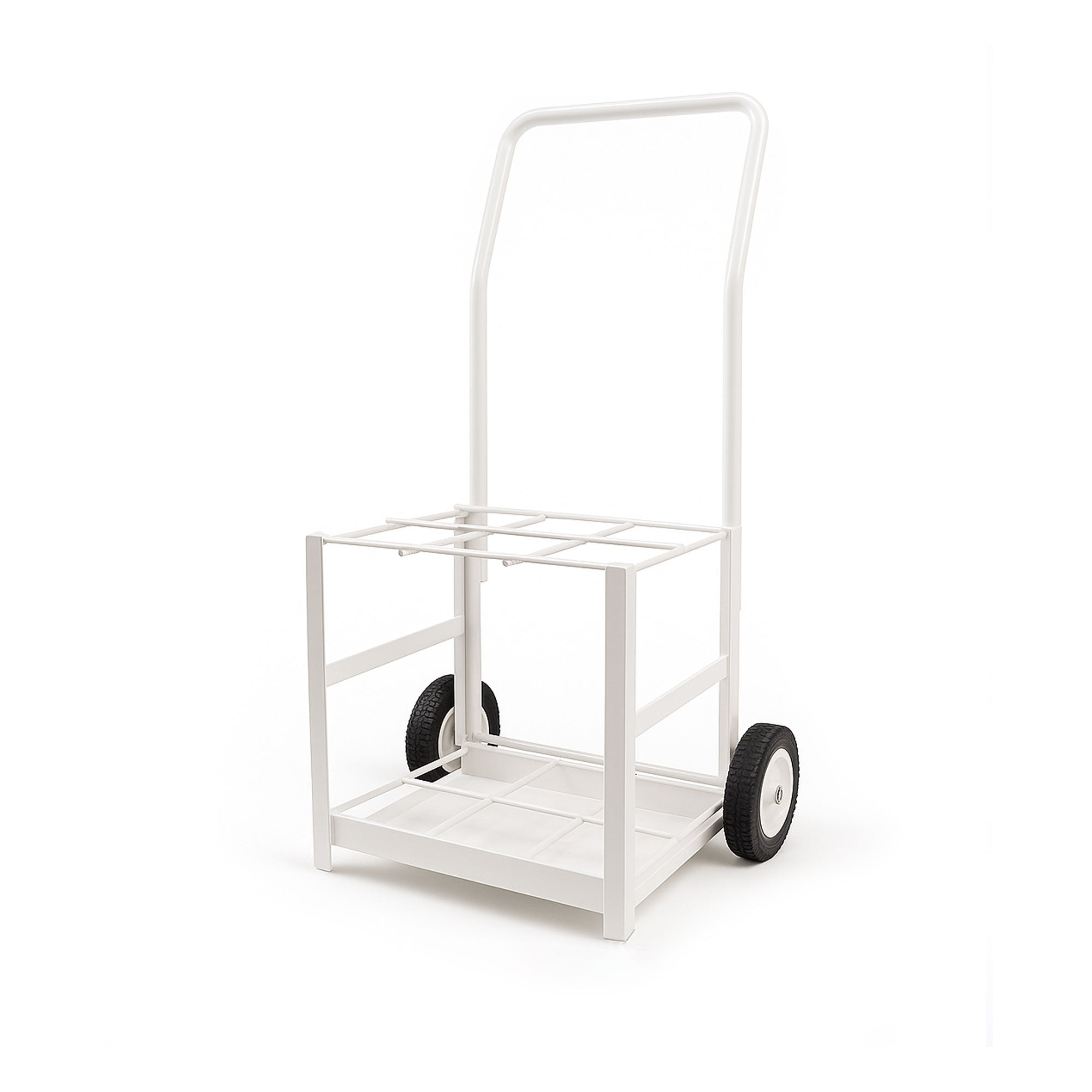MRI Conditional 6 E Cylinder Tilt Back Transport Cart with white powder-coated finish, lightweight aluminum frame, and space for 6 D or E medical oxygen cylinders.
