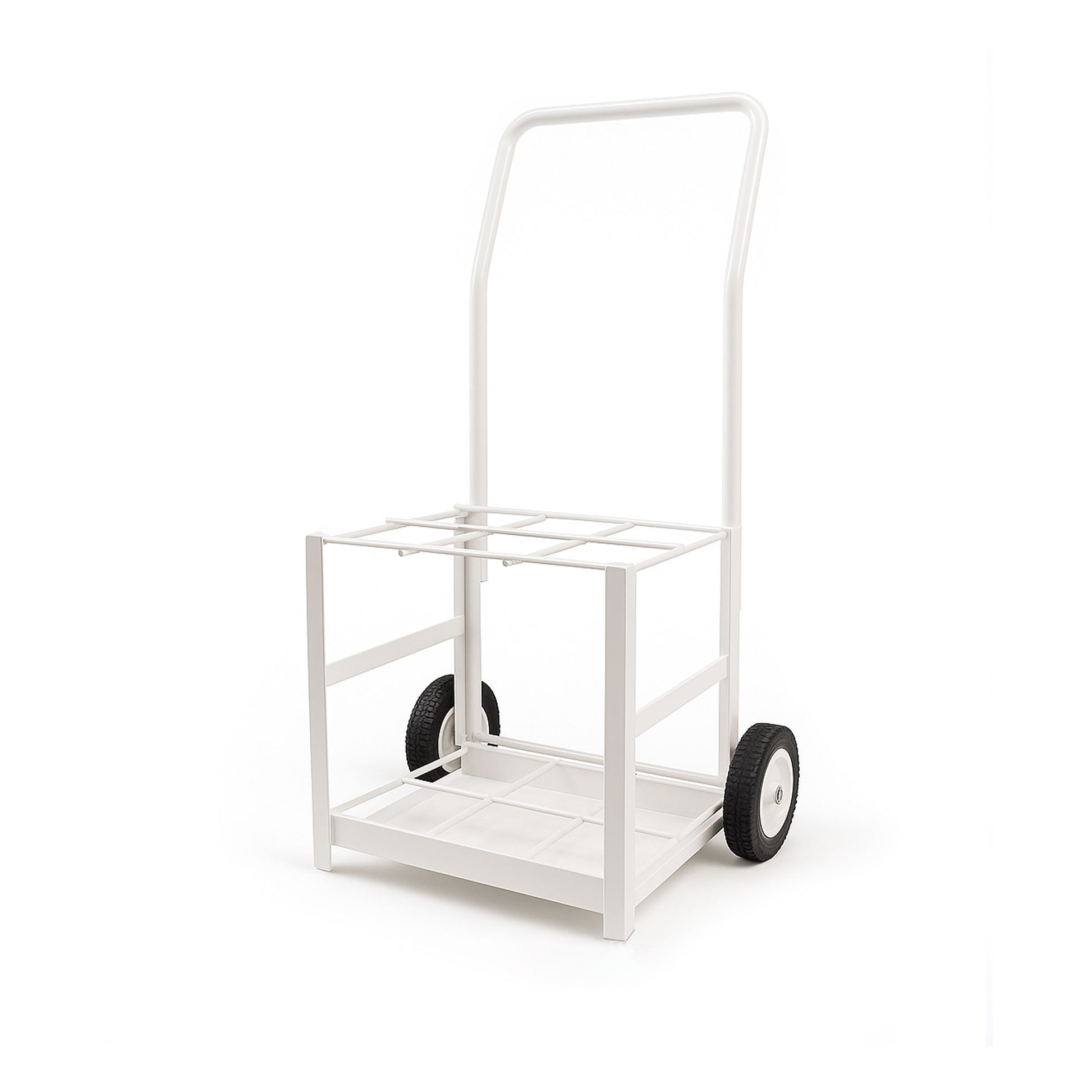 MRI Conditional 6 E Cylinder Tilt Back Transport Cart with white powder-coated finish, lightweight aluminum frame, and space for 6 D or E medical oxygen cylinders.