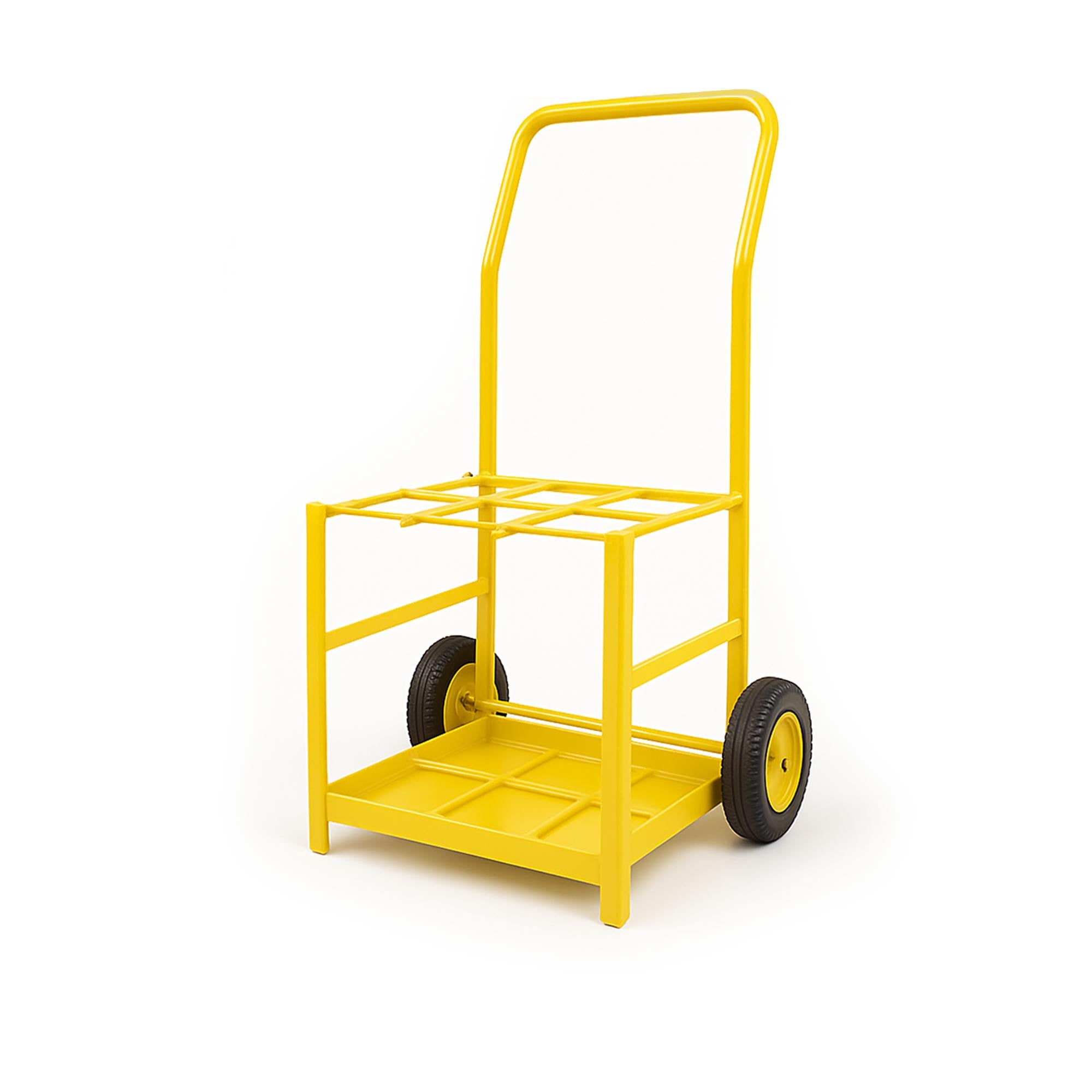 MRI Conditional 6 E Cylinder Tilt Back Transport Cart with yellow powder-coated finish, lightweight aluminum frame, and space for 6 D or E medical oxygen cylinders.