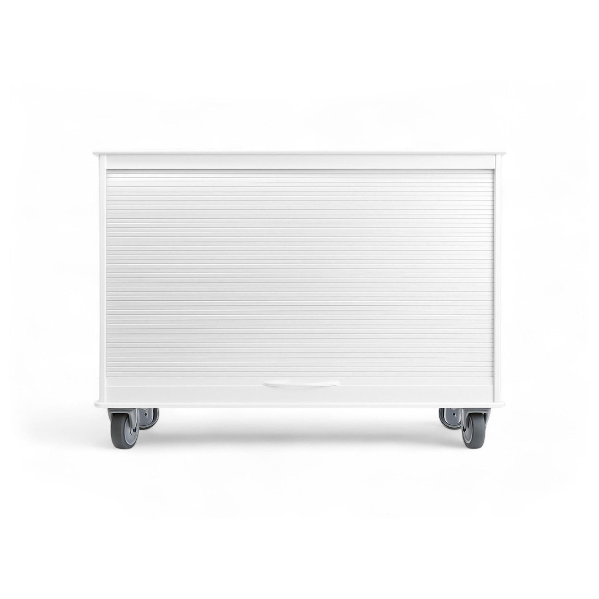 White MRI Cayman Lab Cart with storage, roll-top door, durable HDPE construction, and 5-inch locking casters for easy mobility in labs.