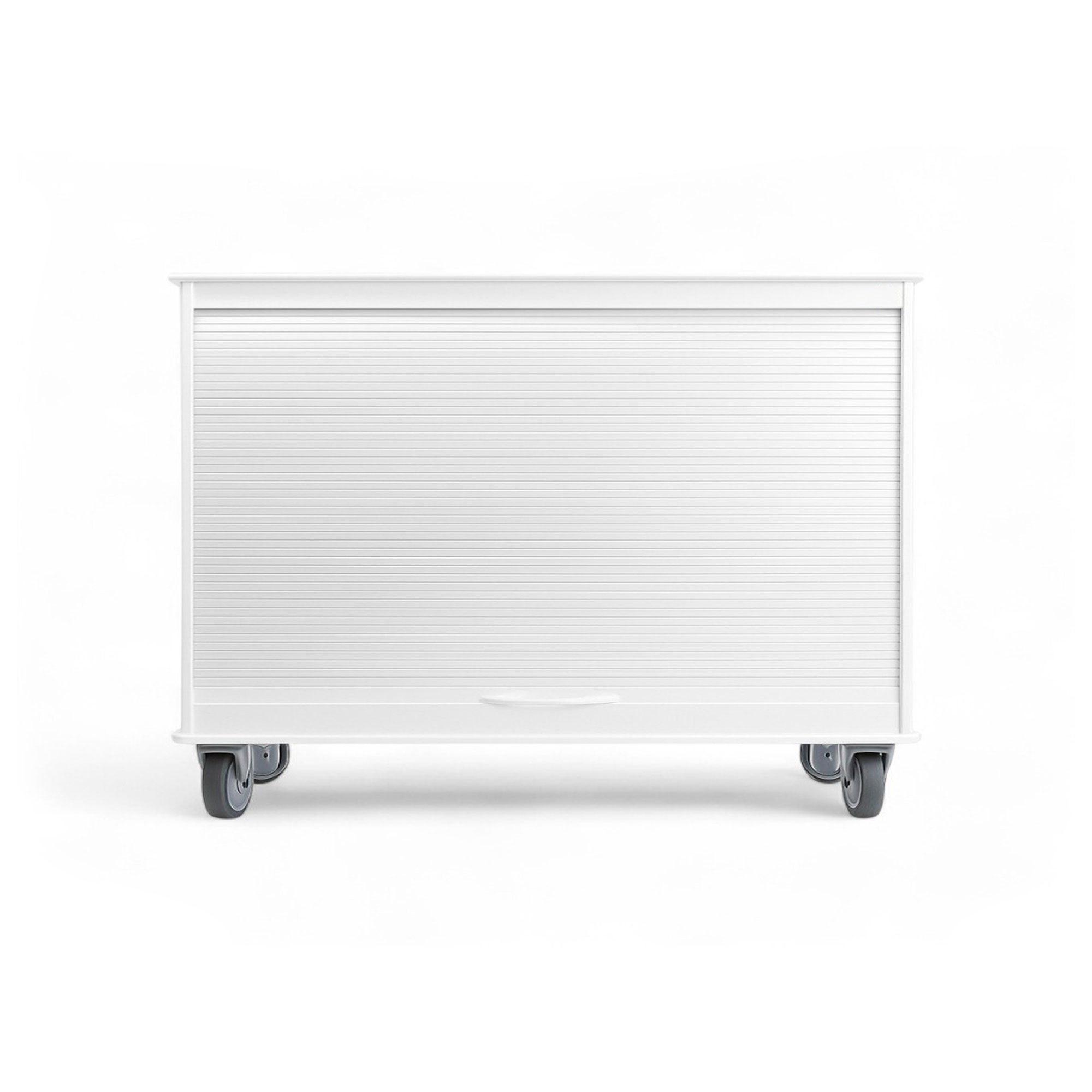 White MRI Cayman Lab Cart with storage, roll-top door, durable HDPE construction, and 5-inch locking casters for easy mobility in labs.