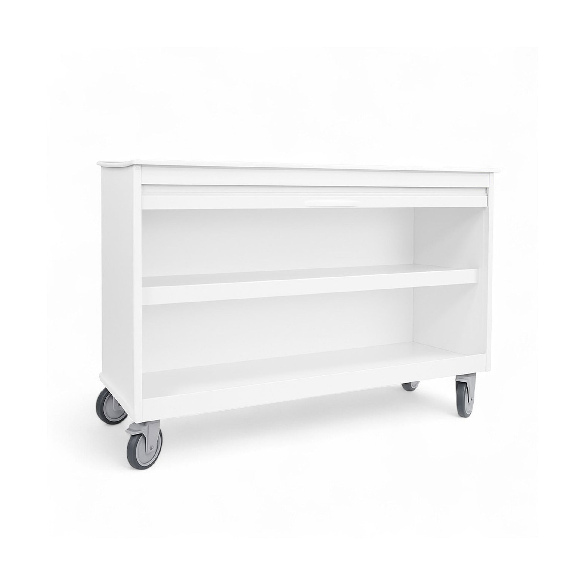 White MRI Cayman Lab Island Cart with ample storage, roll-top door, durable HDPE construction, and 5-inch locking casters for mobility in medical and industrial labs.