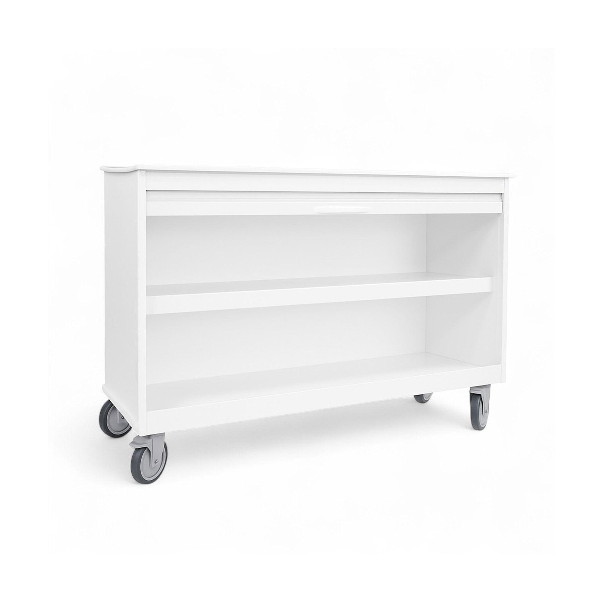 White MRI Cayman Lab Island Cart with ample storage, roll-top door, durable HDPE construction, and 5-inch locking casters for mobility in medical and industrial labs.